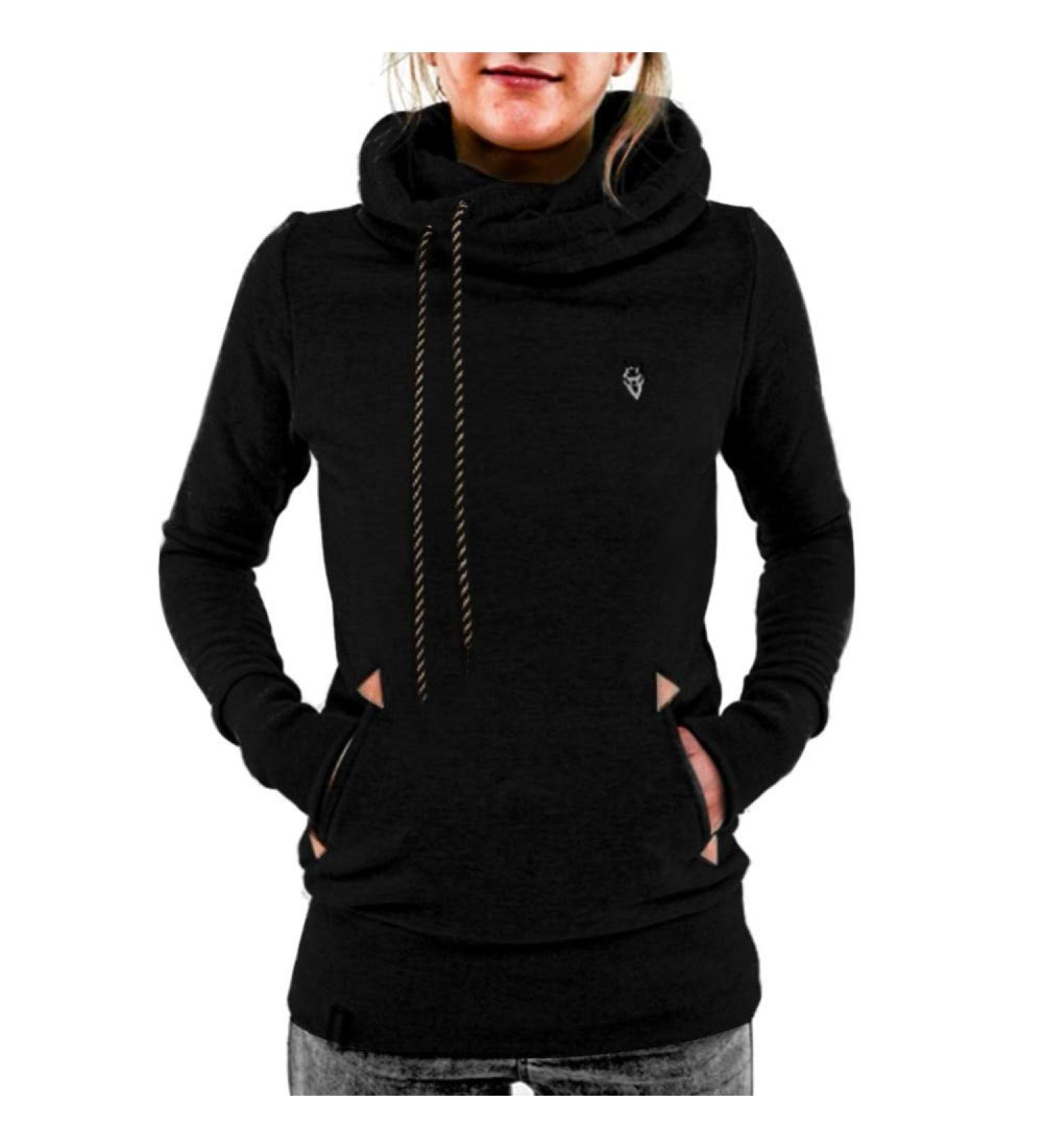 Bigfanshu Women's Scarf Collar Hoodies Long Sleeved Pullovers Solid Casual Gray Hooded Sweatshirt Female Tops