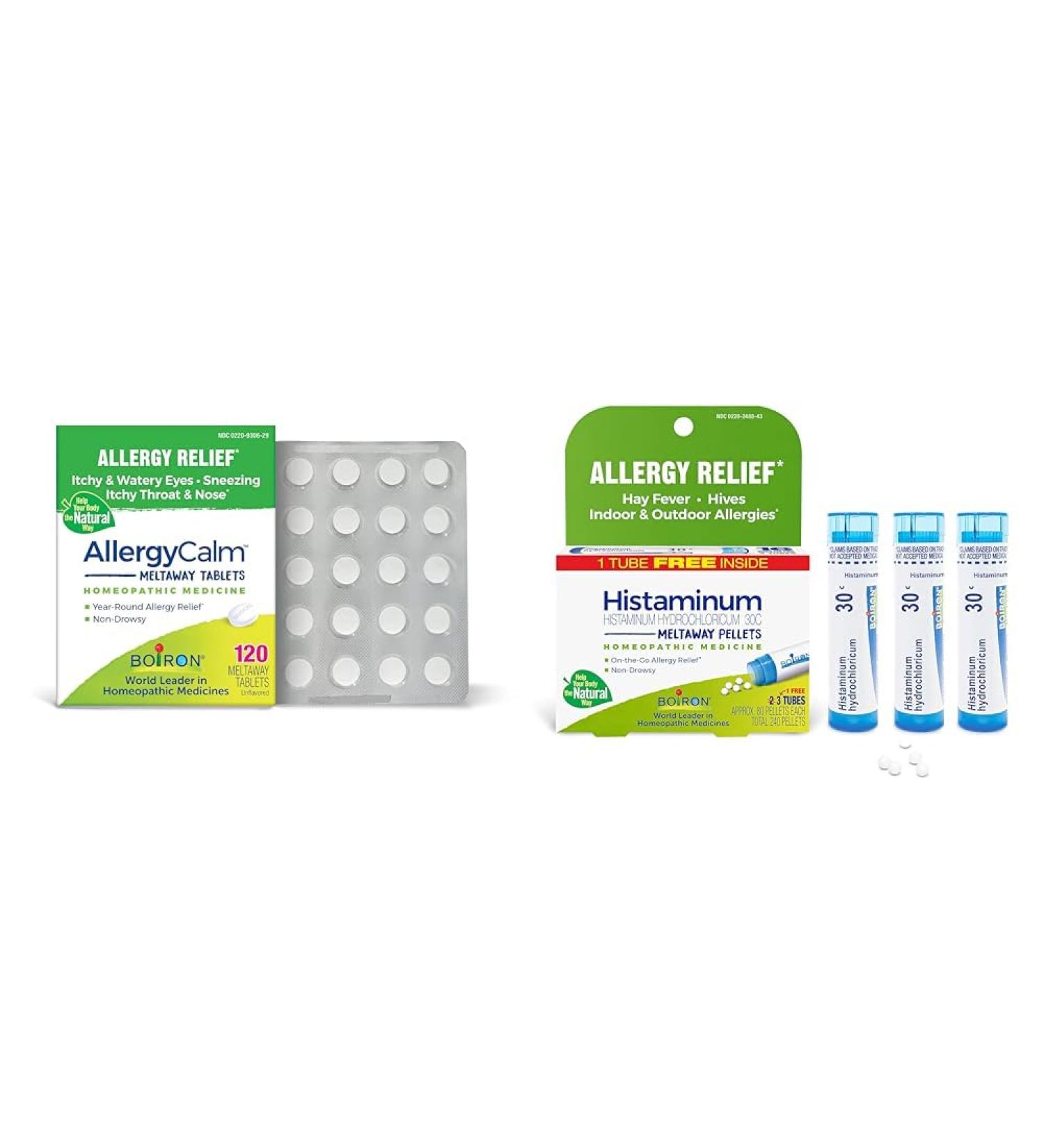 Boiron Allergy Relief Bundle with AllergyCalm Tablets (120 Count) and Histaminum Hydrochloricum 30C Pellets (Pack of 3 Total 240) - Buy Online on GoSupps.com
