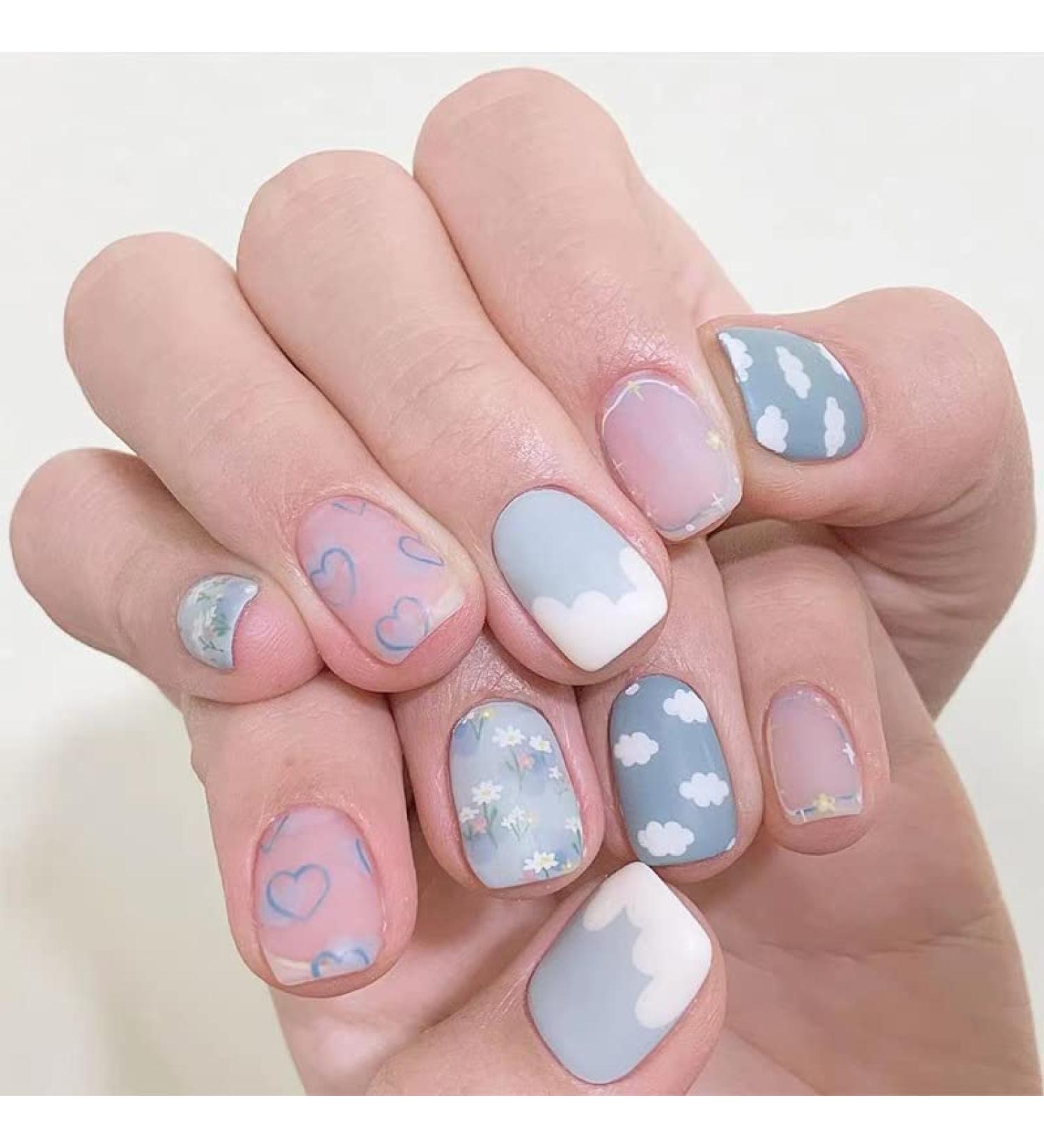 Diduikalor Short Cloud Blue Acrylic Press on Nails - 24Pcs Square False Nails for Women (JP2118) - Buy Online on GoSupps.com