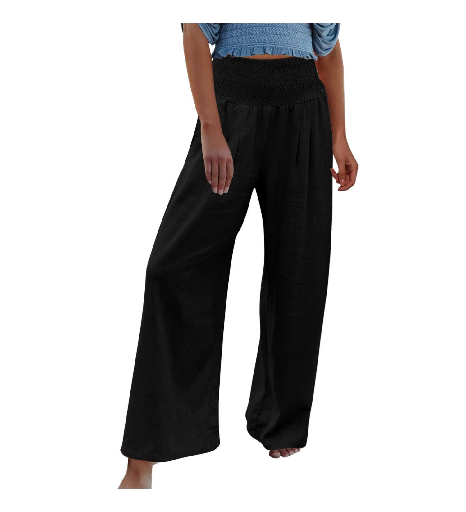 Gufesf Women's Casual Cotton Linen Palazzo Pants - Floral Beach Wide Leg Trousers with Pockets | A1-black, Large - Buy Online on GoSupps.com