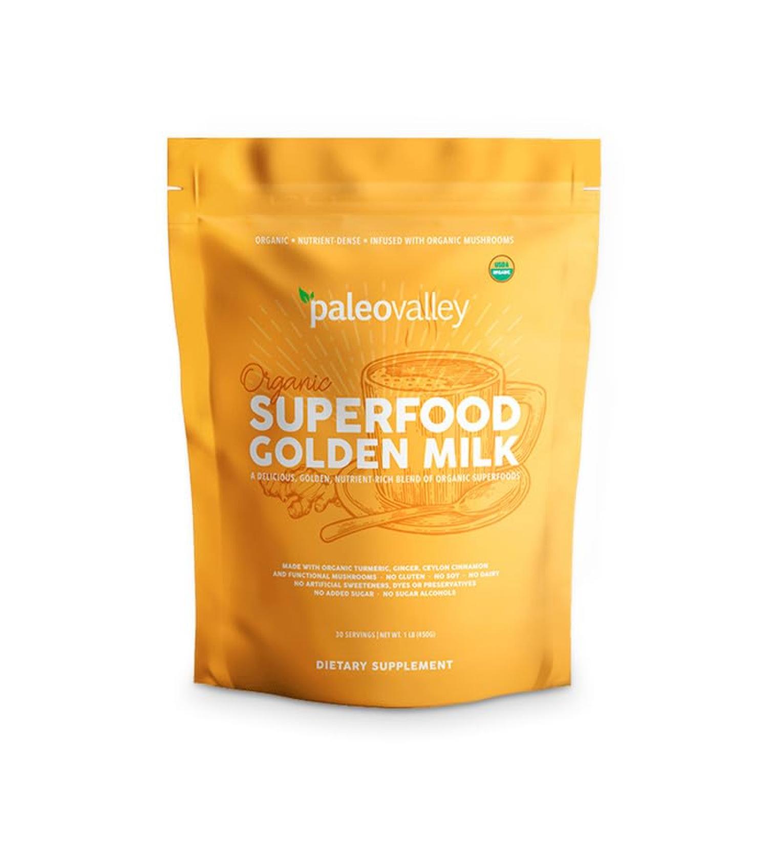 Paleovalley Organic Superfood Golden Milk - Immune, Focus, Cognitive, Longevity - Turmeric, MCT-Rich Coconut Milk, Functional Mushrooms, 30 Servings - Buy Online on GoSupps.com