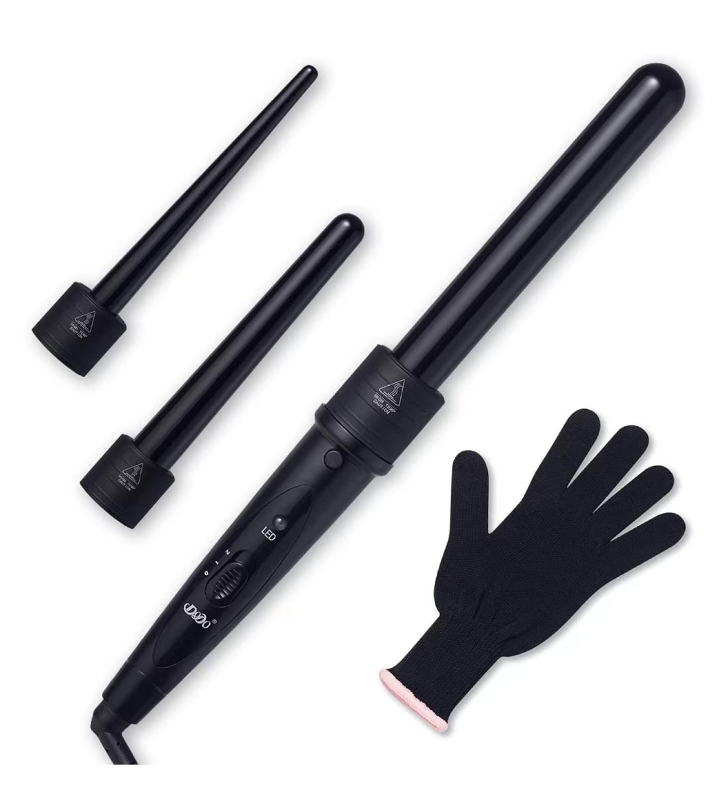 3 in 1 Curling Wand Set with Interchangeable Ceramic Barrels and Heat Resistant Glove Black