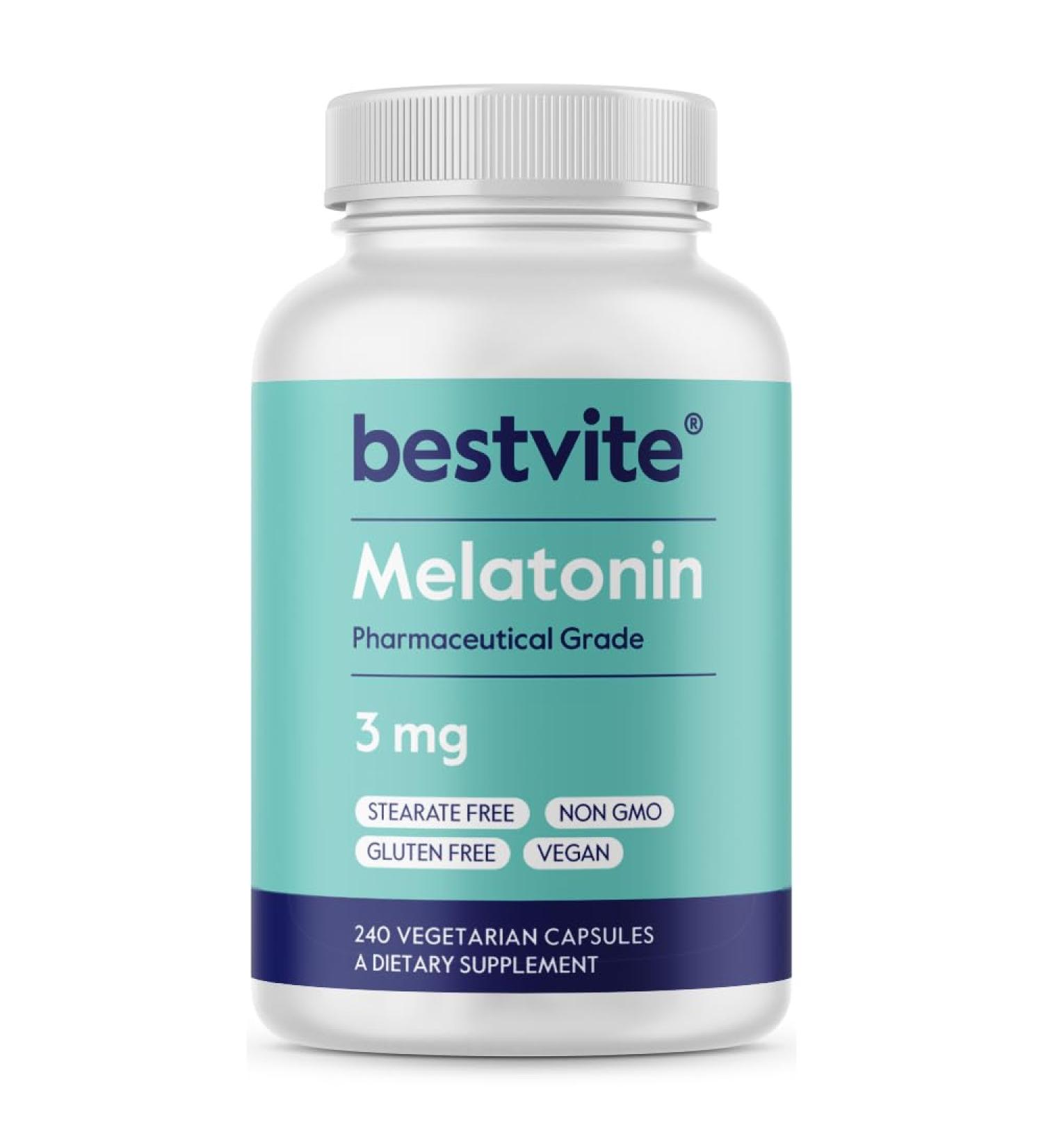 BESTVITE Melatonin 3mg (240 Vegetarian Capsules) - No Crospovidone - No Dextrose - No Dicalcium Phosphate - No Stearates - Vegan - Non GMO - Gluten Free - Easy to Swallow Capsule 1 Count (Pack of 240) - Buy Online on GoSupps.com