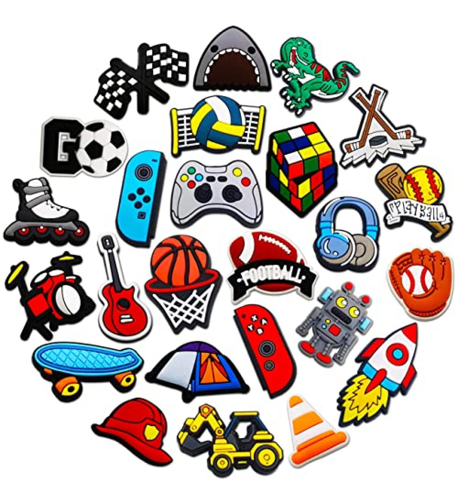 25 50Pcs Boys Shoe Decoration Charms for Croc Bubble Slides Sandals Clogs, Sports Game Shoes Decorations for Boys Men Adult