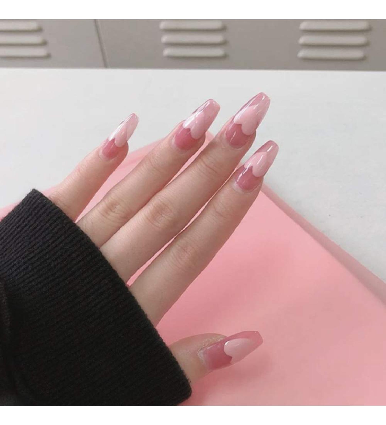 Xerling Fancy Glossy Full Cover Soft Pink Heart Coffin Acrylic Nails - 24 Pcs Press-On False Tips for Women & Girls | Cute Baby Pink Design for Parties & Salons - Buy Online on GoSupps.com