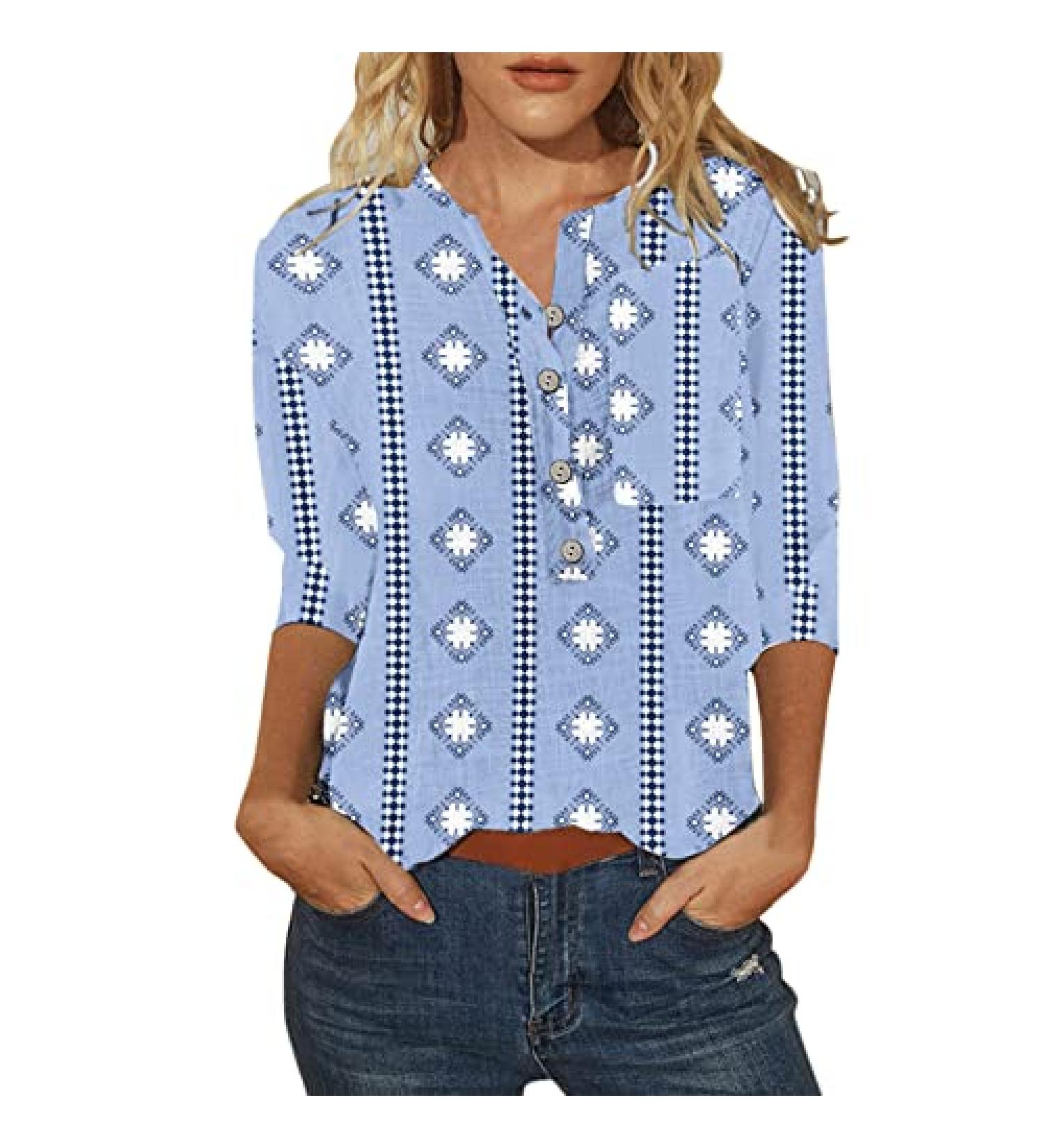 Women's Floral Print Summer Top - V Neck Short Sleeve Shirt, Casual Trendy Blouse (Blue, Medium) - Buy Online on GoSupps.com