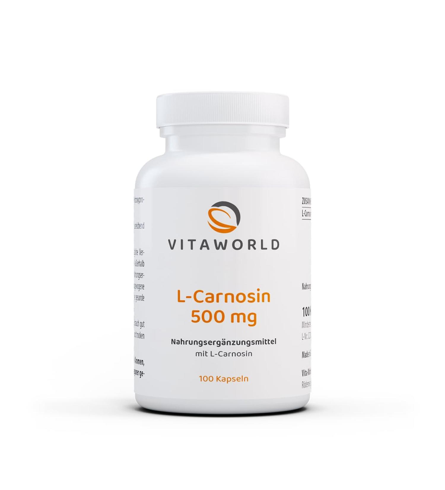 Vita World L-Carnosine 500mg 100 Vegetarian Capsules Made in Germany