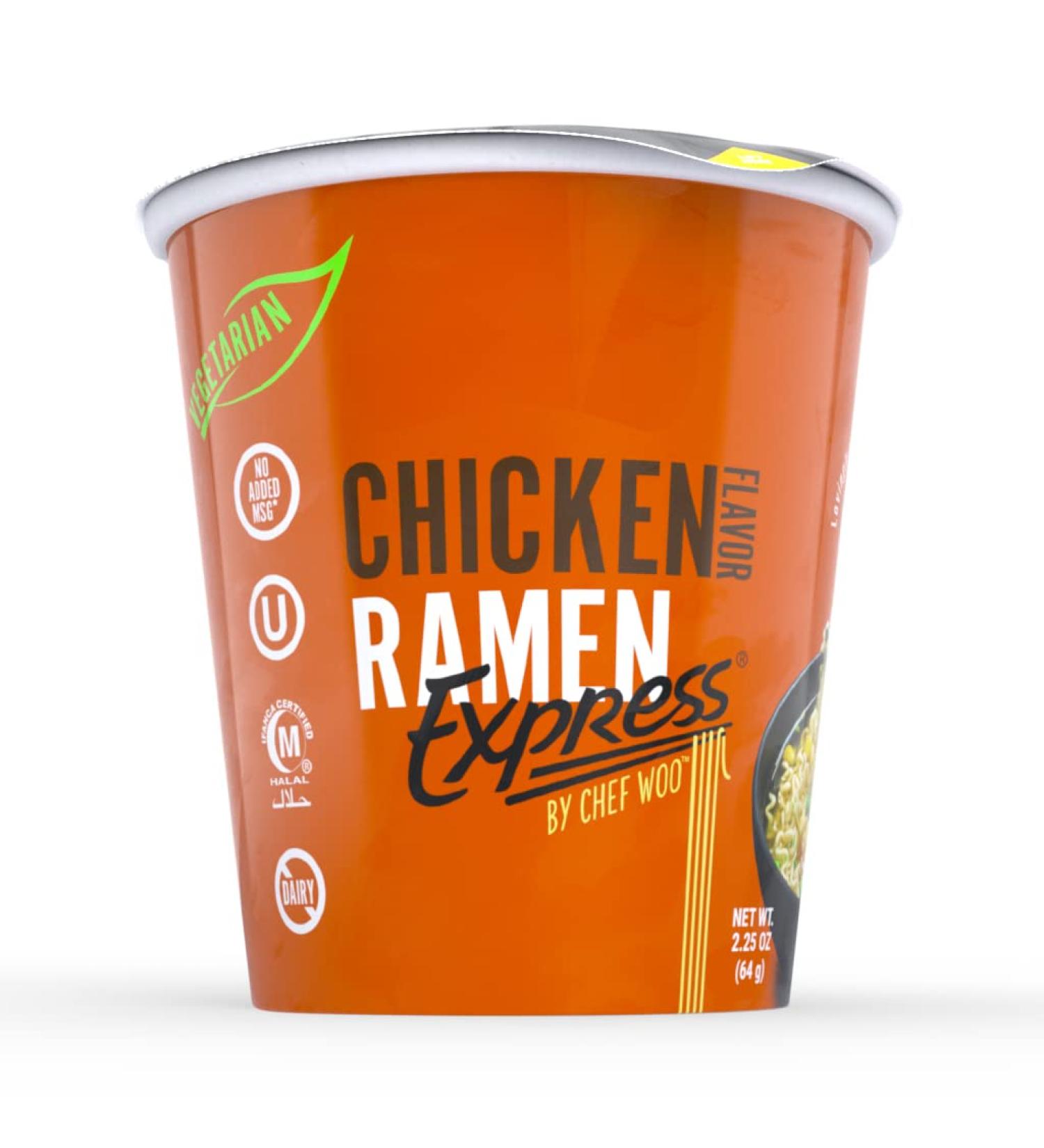 Chef Woo Ramen Express Chicken Flavor Cup Noodle 2.25 Oz (Pack of 12) | Vegetarian, Kosher Parve, Halal | Egg-Free & Dairy-Free | 12 Cup - Buy Online on GoSupps.com