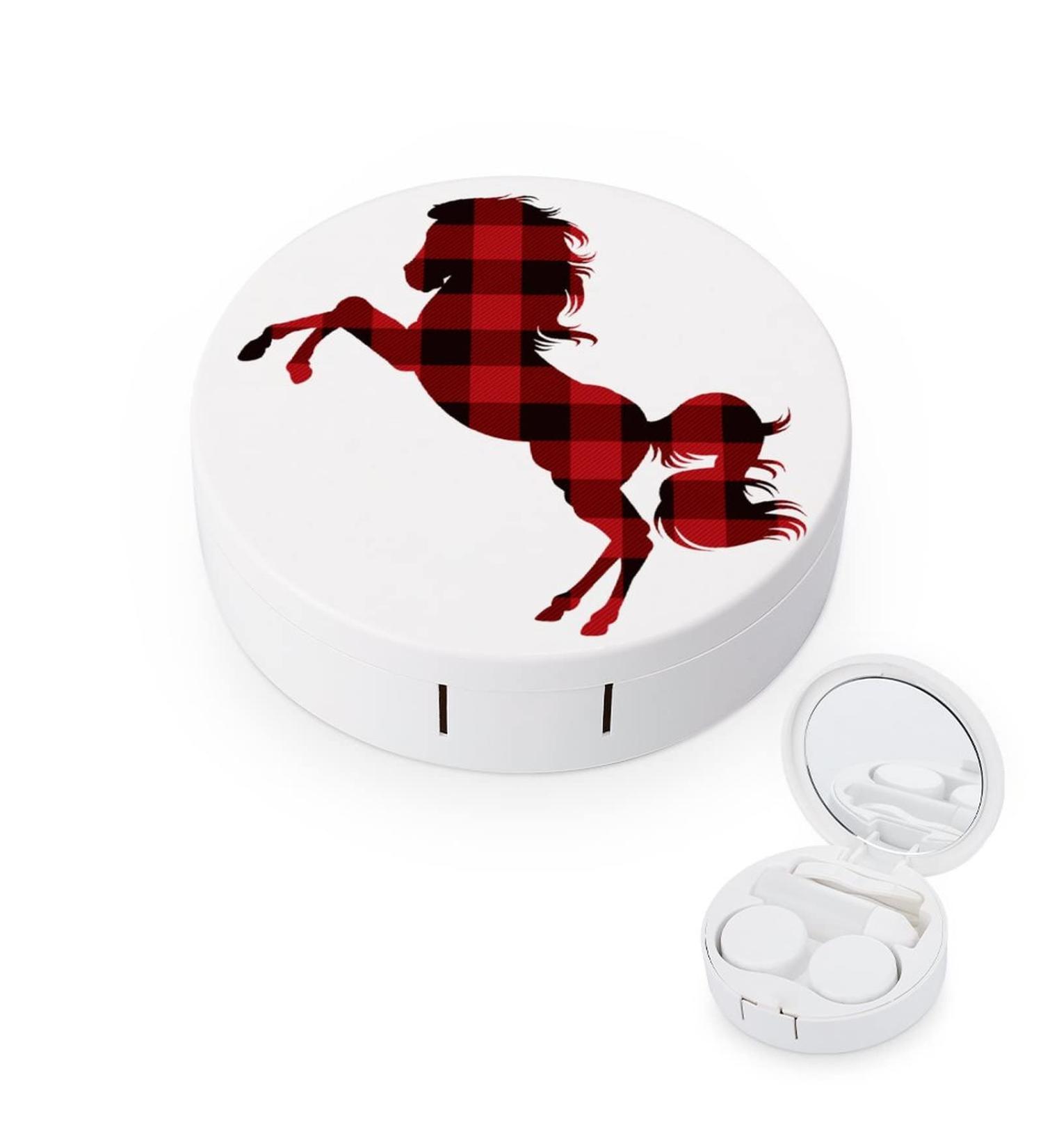 Buffalo Plaid Horse Round Case For Contact Lens Kit Storage Box with Mirror Printed - Buy Online on GoSupps.com