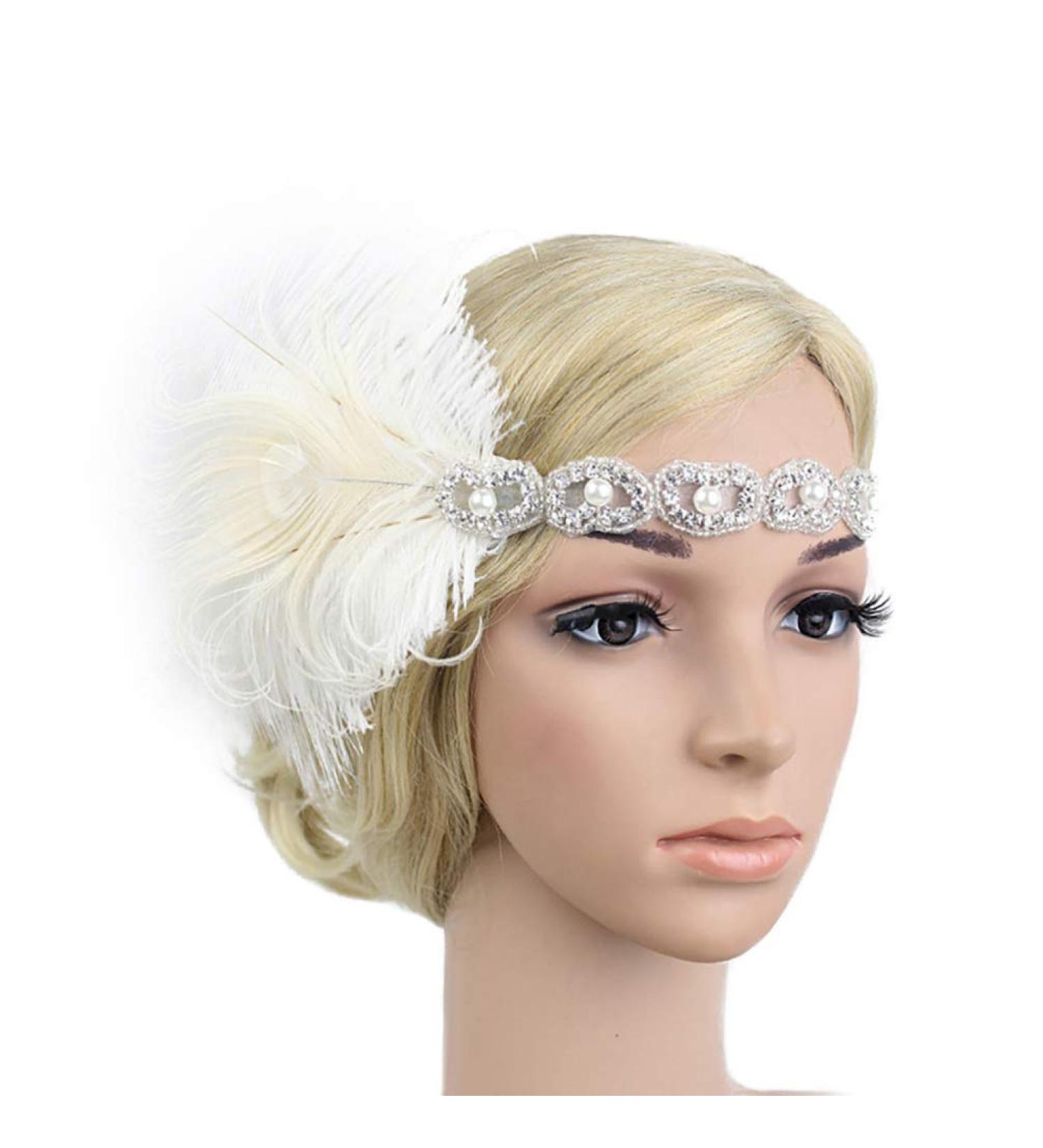 FRCOLOR Flapper Headband 1920s Gatsby Headdress Feathers Crystal Beaded Wedding Headpiece Elastic Headwear White - Buy Online on GoSupps.com