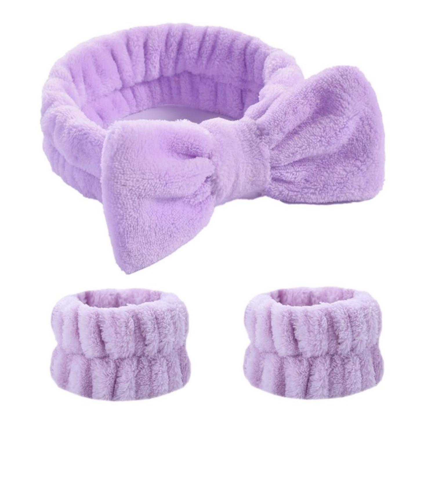 1 Set Headband Bracelet Set Elastic Head Wrap Bow Hair Accessories Plush Headband Spa Face Headband Face Wash Bracelets for Make-Up Yoga Sports Shower Dark Purple - Buy Online on GoSupps.com