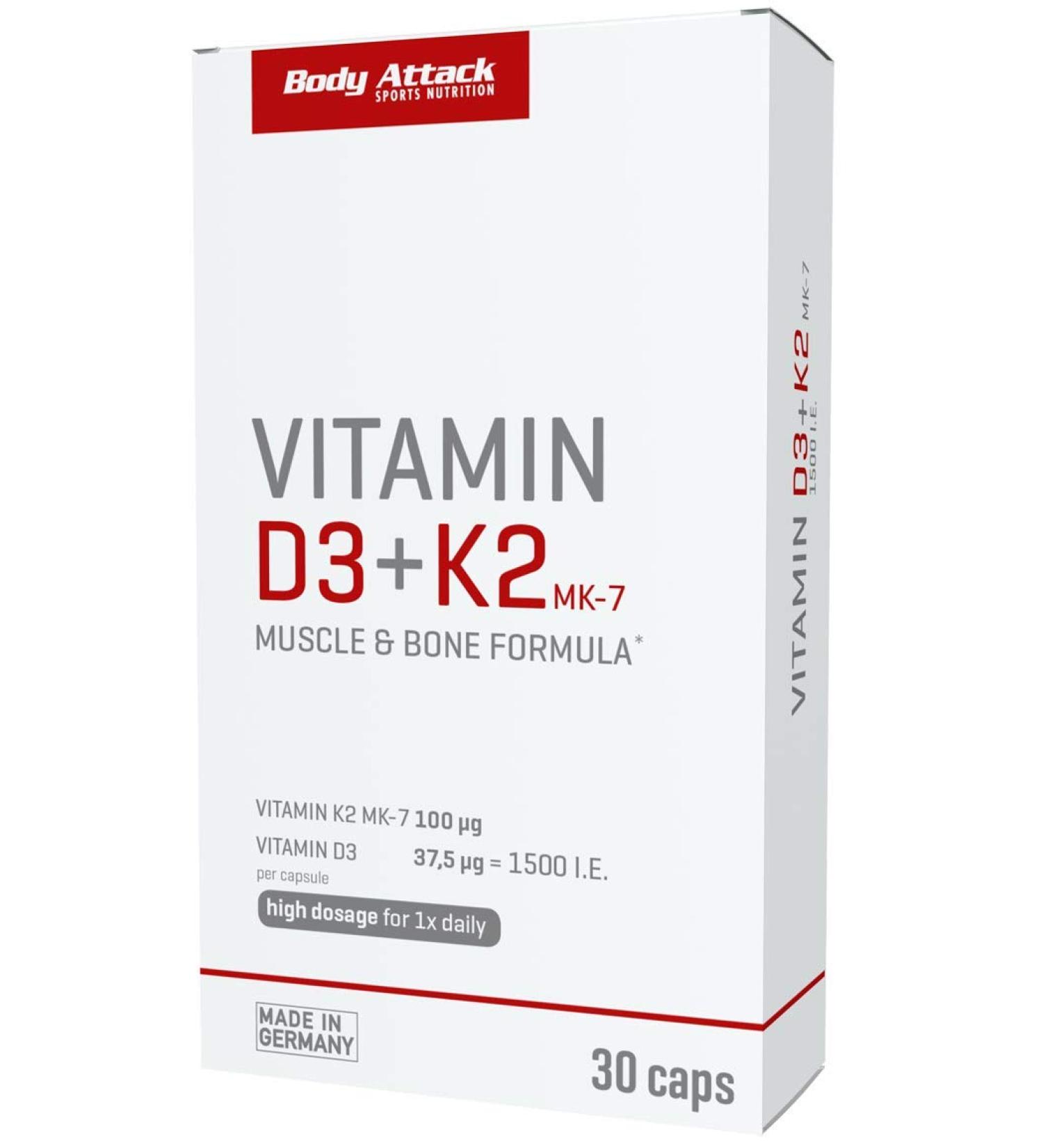Buy Body Attack Vitamin D3 + K2 - High Dose Vegan Capsules | 100mg K2 & 37.5mg D3 for Optimal Health | International Shipping Available - Buy Online on GoSupps.com