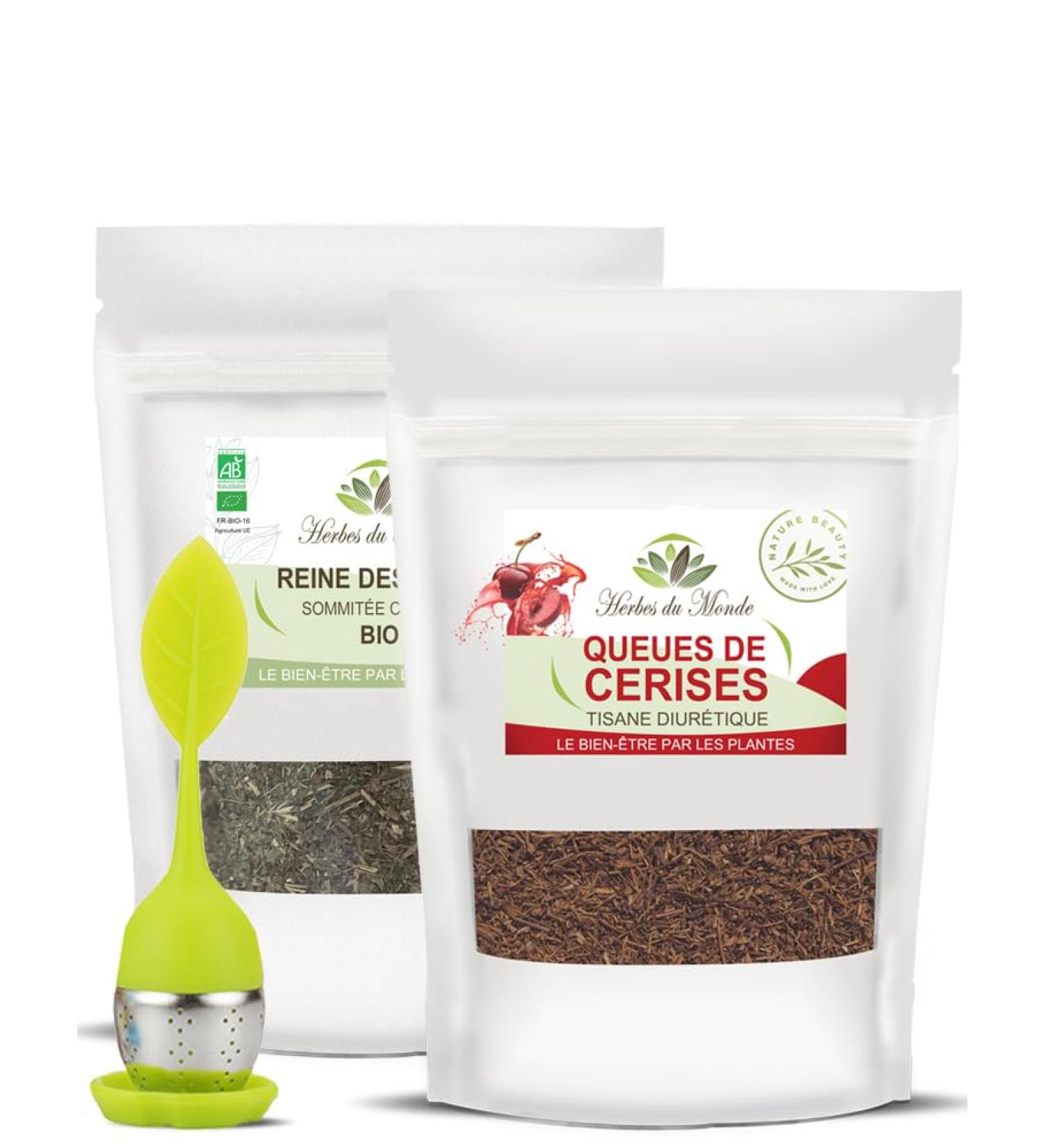 Herbes du Monde DUO Infusion Bien- tre : Queues de Cerises 100g & Reine des Pr s BIO 60g avec Infuseur | Plantes Infuser 100% Naturelles 2 Sachets + 1 Infuseur - Buy Online on GoSupps.com