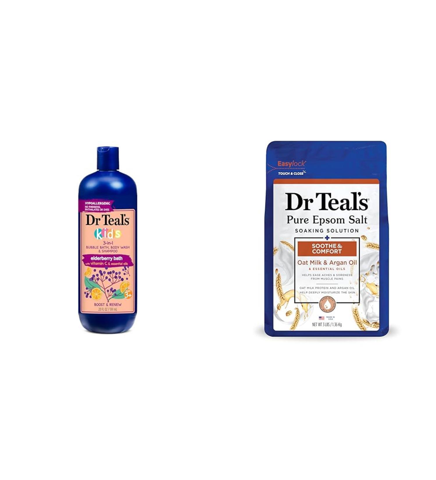 Dr Teal's Kids 3 in 1 Elderberry Bubble Bath Body Wash & Shampoo with Vitamin C & Essential Oils 20 fl oz & Pure Epsom Salt Soothe & Comfort with Oat Milk & Argan Oil 3lbs (Packaging May Vary) - Buy Online on GoSupps.com