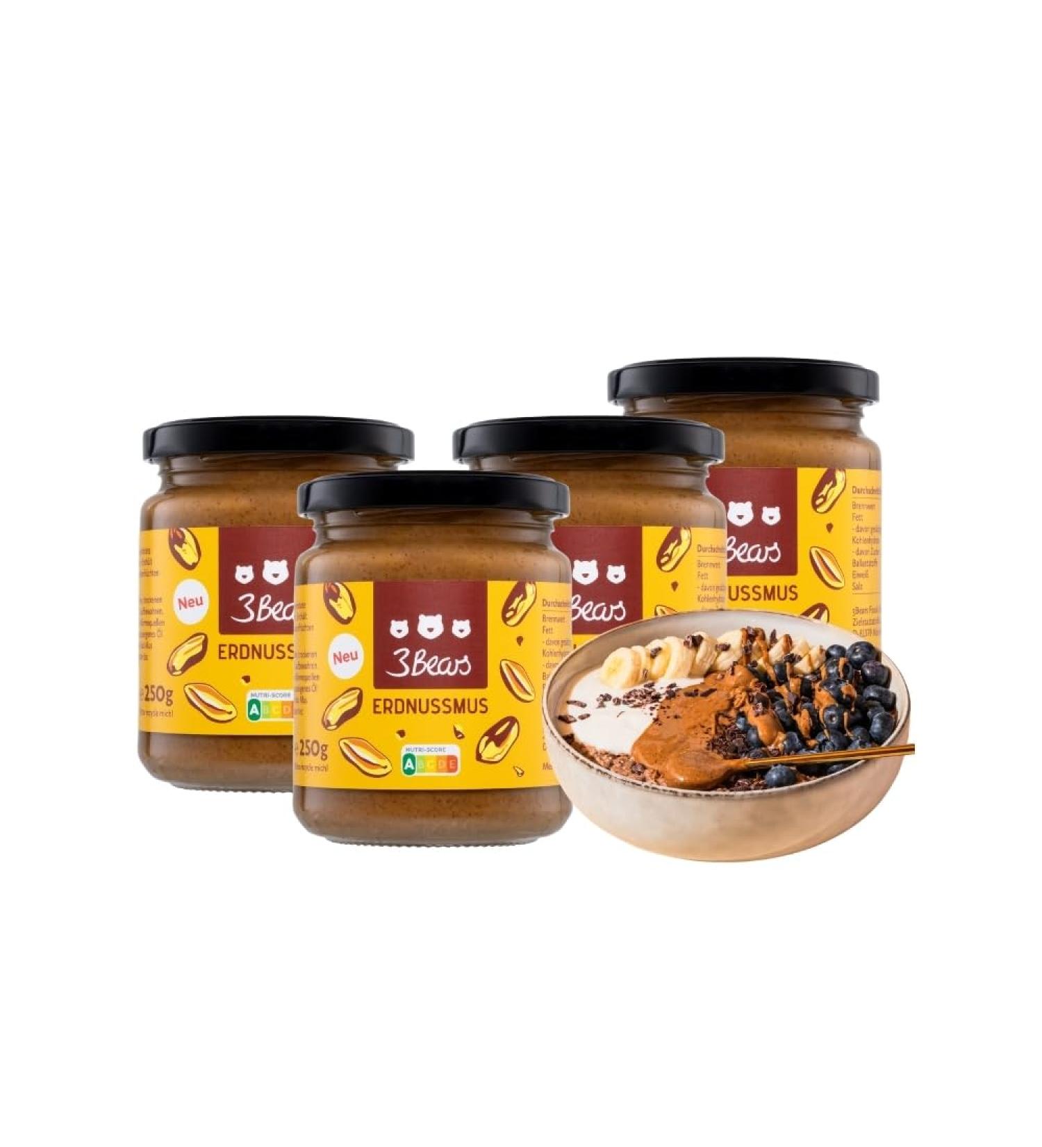 3Bears Peanut Butter - 100% Roasted Nuts Gluten-Free & Vegan Creamy Taste - 4 x 250g - International Shipping Available - Buy Online on GoSupps.com