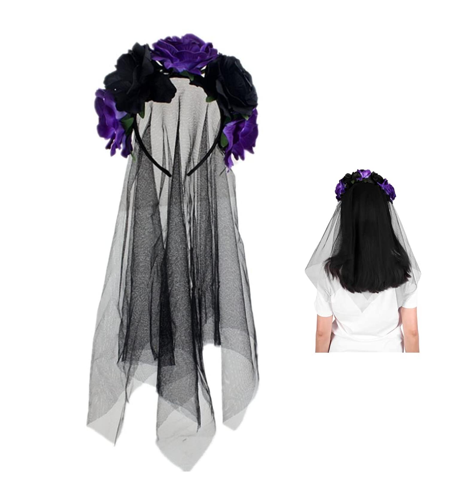 Rose Headband Ladies Girl Gothic Flower Garland with Black Veil Halloween Christmas Fancy Dress Costume Accessory for Wedding Bride Bridesmaid Birthday Party Photography Props Black+Purple - Buy Online on GoSupps.com