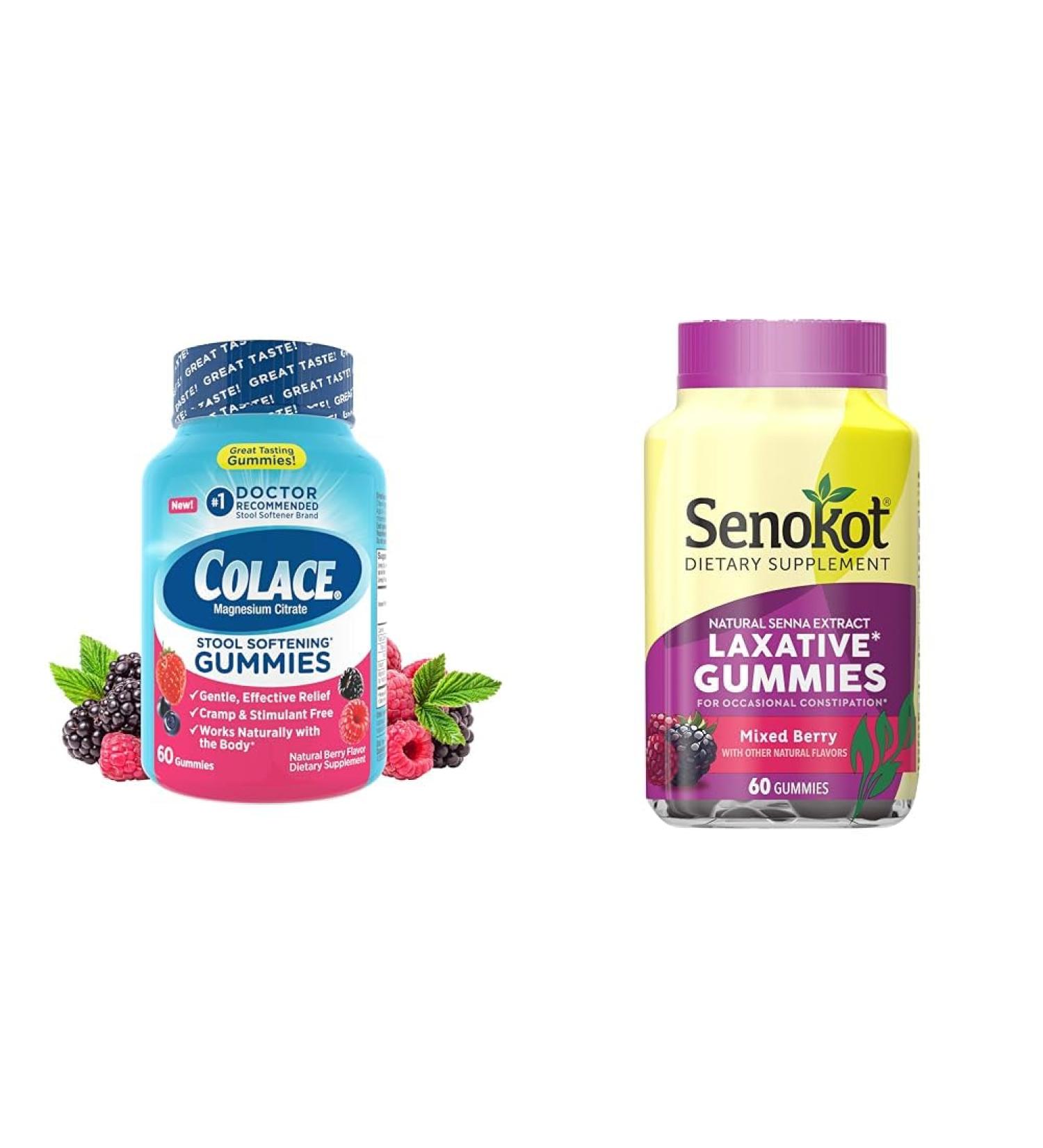 Colace Stool Softener Gummies 60ct & Senokot Laxative Gummies 60ct Bundle for Gentle Overnight Constipation Relief Medication+ Dietary Supplement