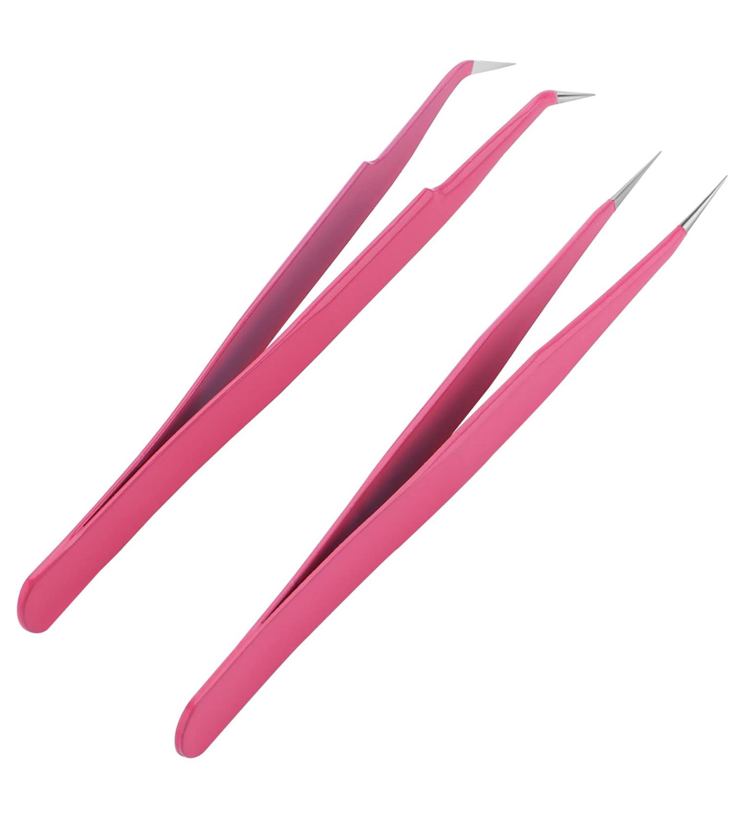 Sibba Eyelash Tweezers Set - 2 Stainless Steel Precision Tools with Straight & Curved Tips for Eyelash Extensions - Pink - Buy Online on GoSupps.com