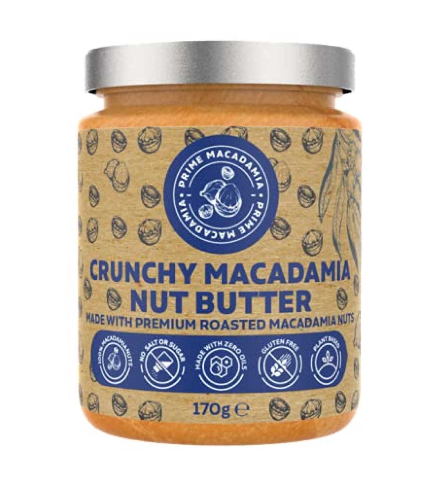 Prime Earth - Crunchy Macadamia Nut Butter - 170g - Made with Macadamia Nuts - Zero Oil Salt & Sugar - Coeliac Keto Paleo & Vegan Friendly - Made in the UK - Buy Online on GoSupps.com