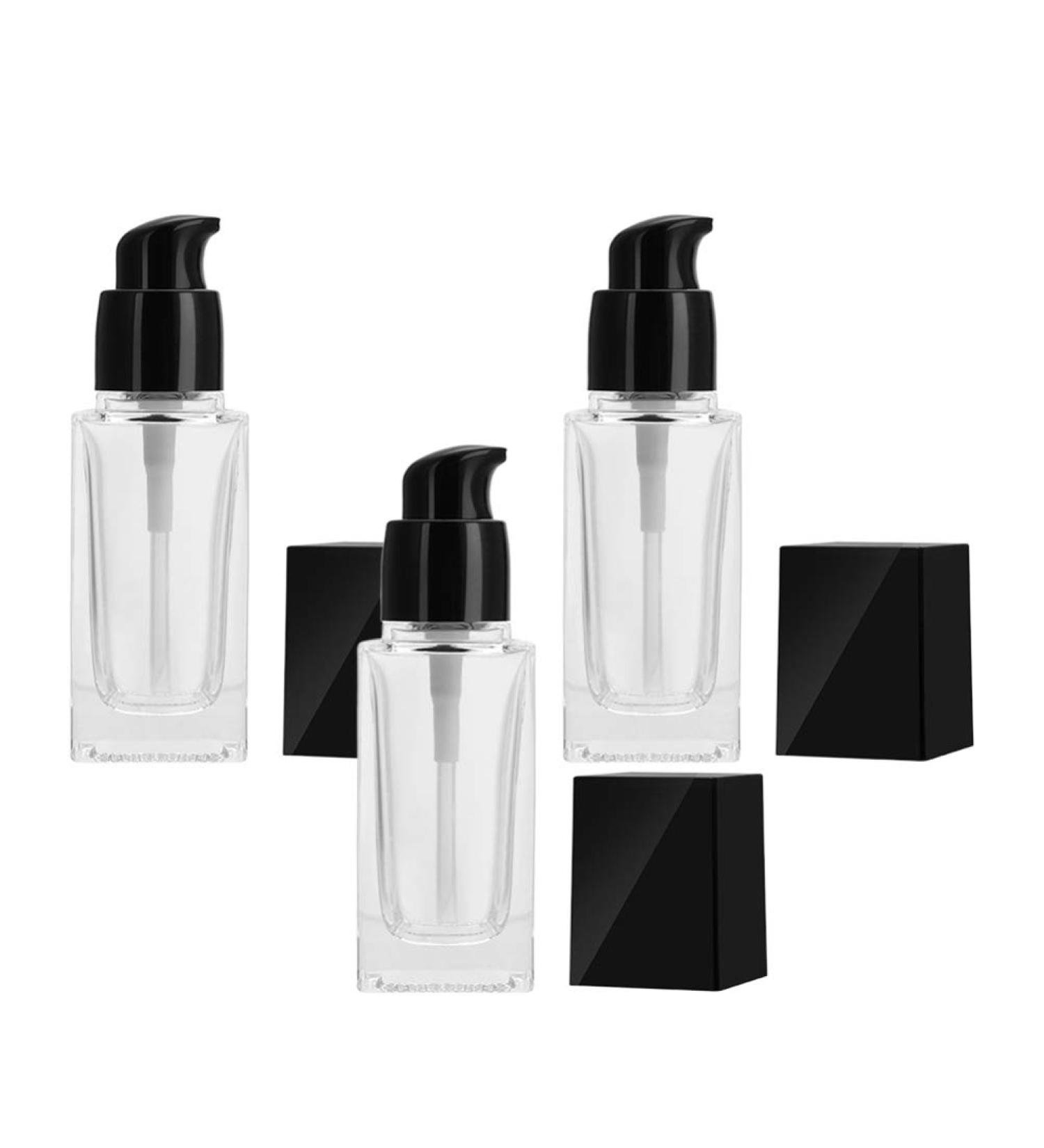 minkissy 3pcs Empty Glass Pump Bottles Square Cosmetic Bottles Refillable Makeup Dispensers for Foundation Lotion Cream 30ml (Black Cap) - Buy Online on GoSupps.com