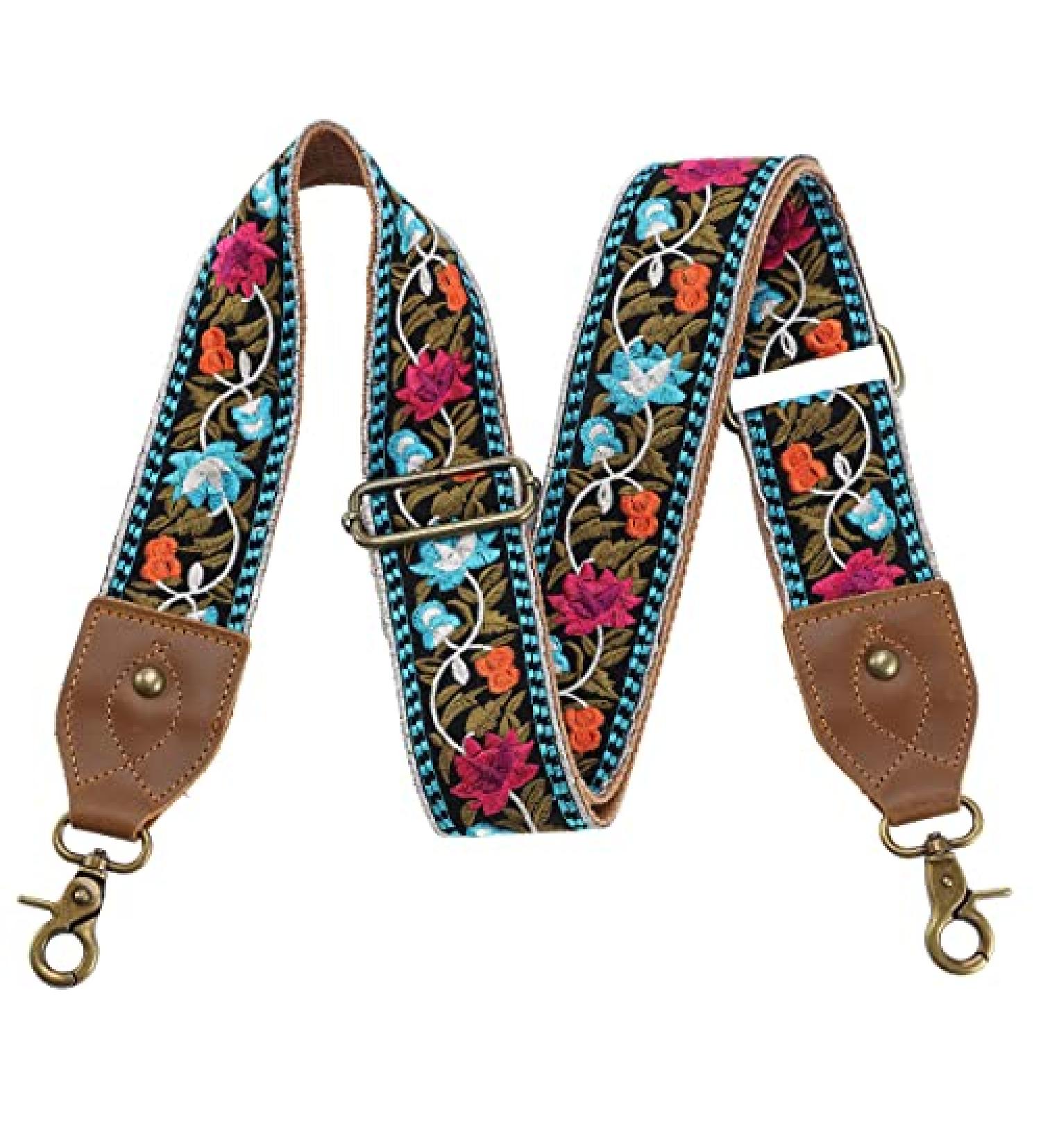 Purse Strap-2"Crazy Horse Leather Wide Shoulder Strap Adjustable Replacement Jacquard Embroidery Crossbody Bag Straps Retro Floral - Buy Online on GoSupps.com