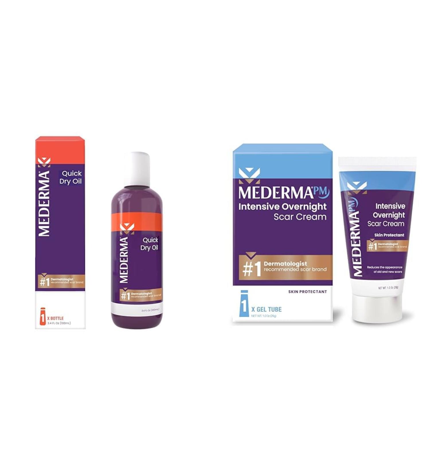 Mederma Quick Dry Oil and PM Intensive Overnight Scar Cream Bundle 3.4oz Oil with Natural Botanical Extracts and 1.0 Oz Cream Clinically Shown to Make Scars Smaller - Buy Online on GoSupps.com