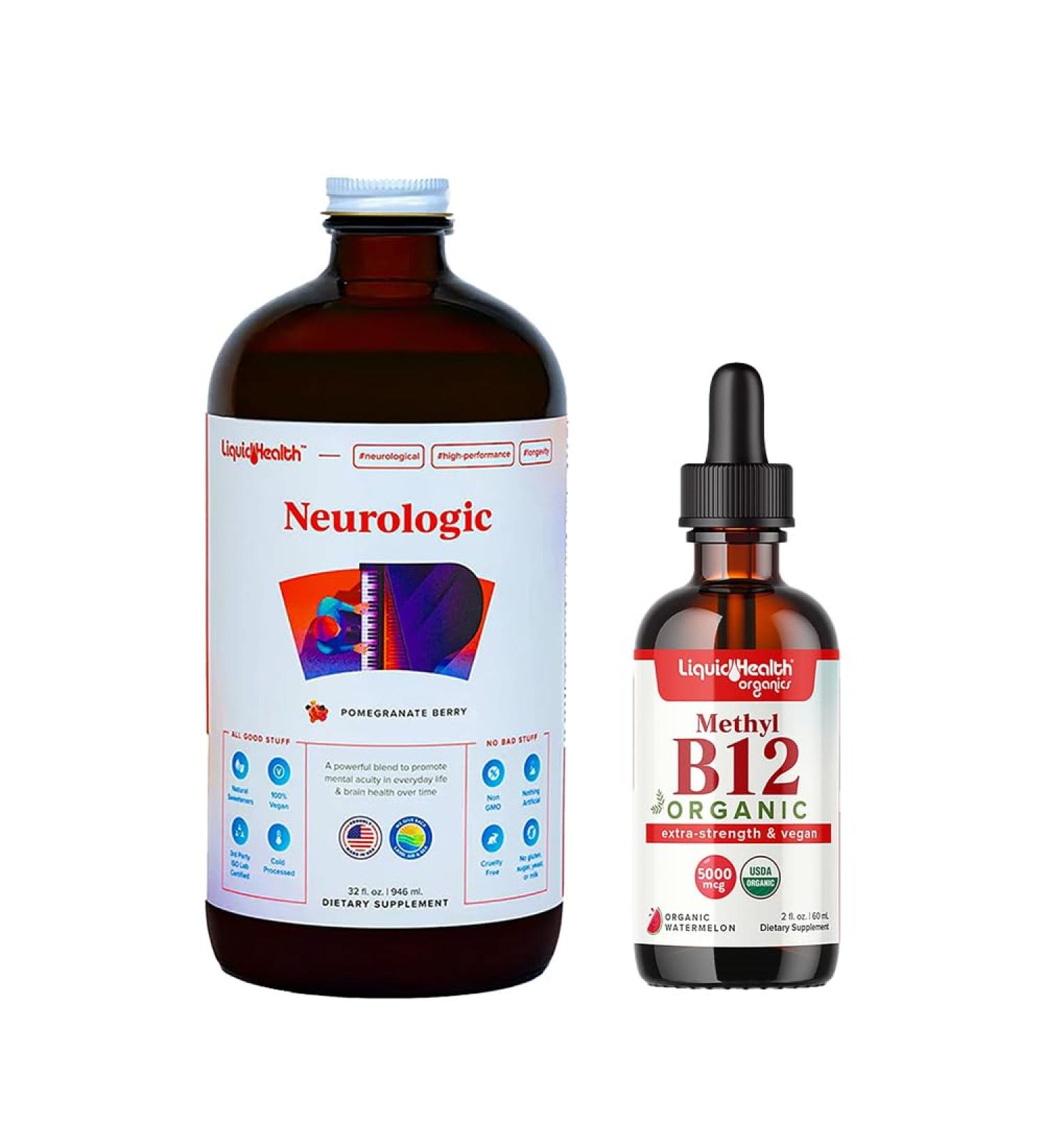 LIQUIDHEALTH Neurologic Nootropic Focus Supplement & Organic Methyl B12 5000mcg Vitamin Drops with Tart Cherry Juice for Immune Support Improved Memory & Concentration Natural Energy Overall Health - Buy Online on GoSupps.com