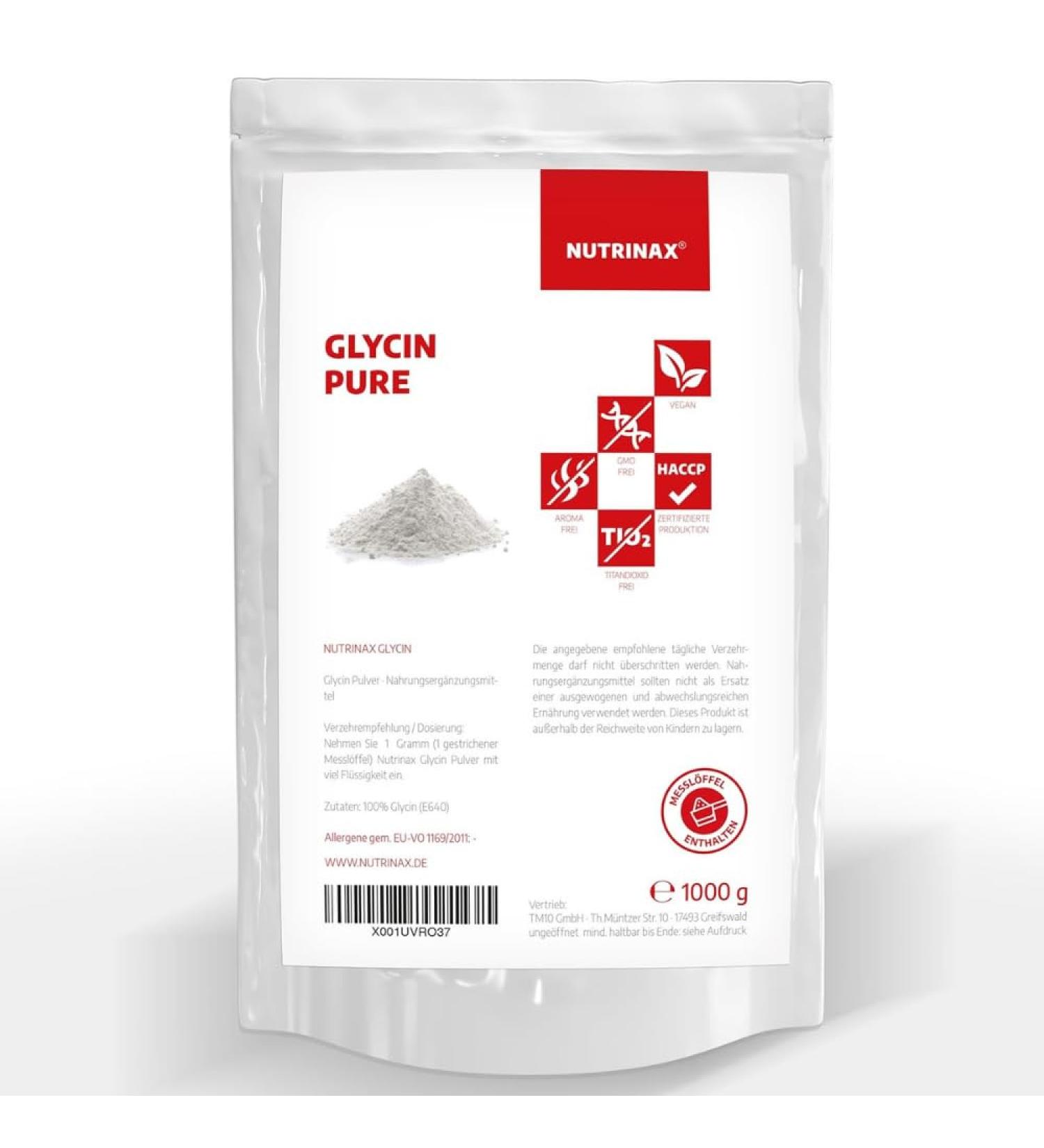 NUTRINAX Glycine Powder - 1000g Glycine Amino Acid - Vegan and No Additives - Premium Quality - Practical Zip Bag - Buy Online on GoSupps.com