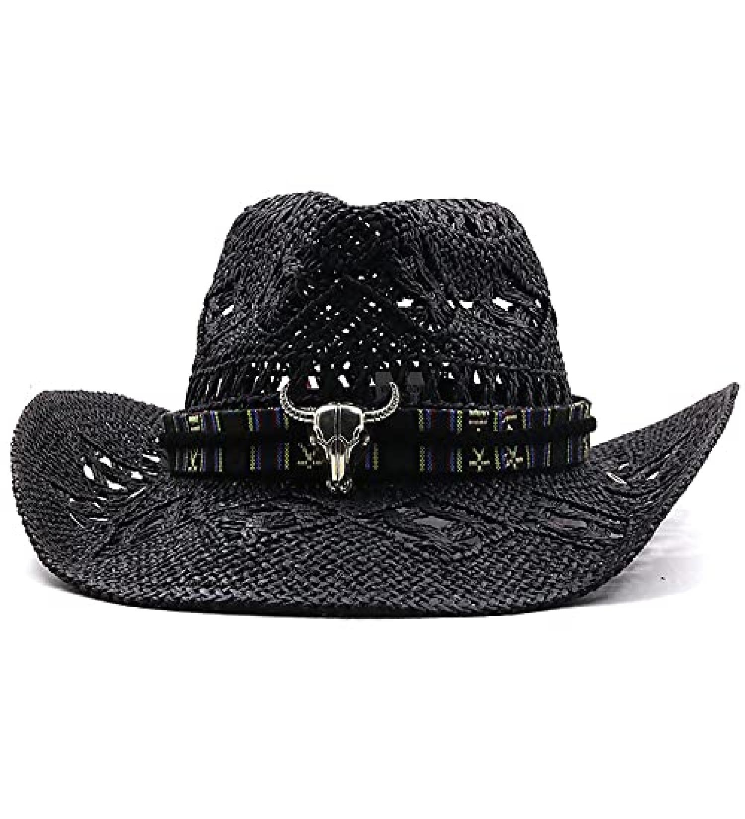 Western Cowboy Straw Hat Wide Brim Cowgirl Sun Hat with Hat Band - Black (7-7 1/4) - Buy Online on GoSupps.com