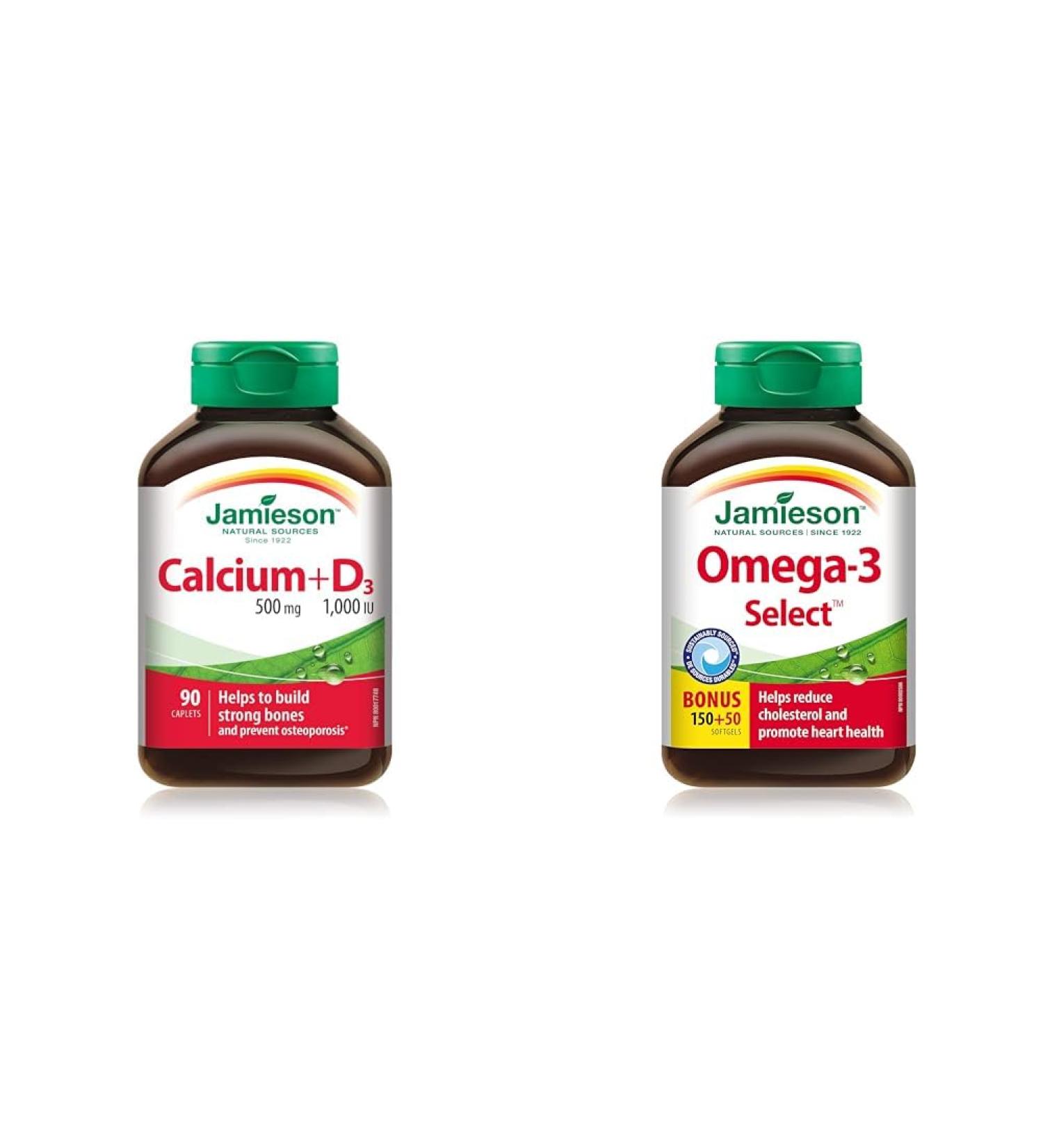 Jamieson Calcium 500mg + Vitamin D 1000IU 90 Caplets & Omega-3 Select 1 000 mg Caplets + Omega-3 - Buy Online on GoSupps.com