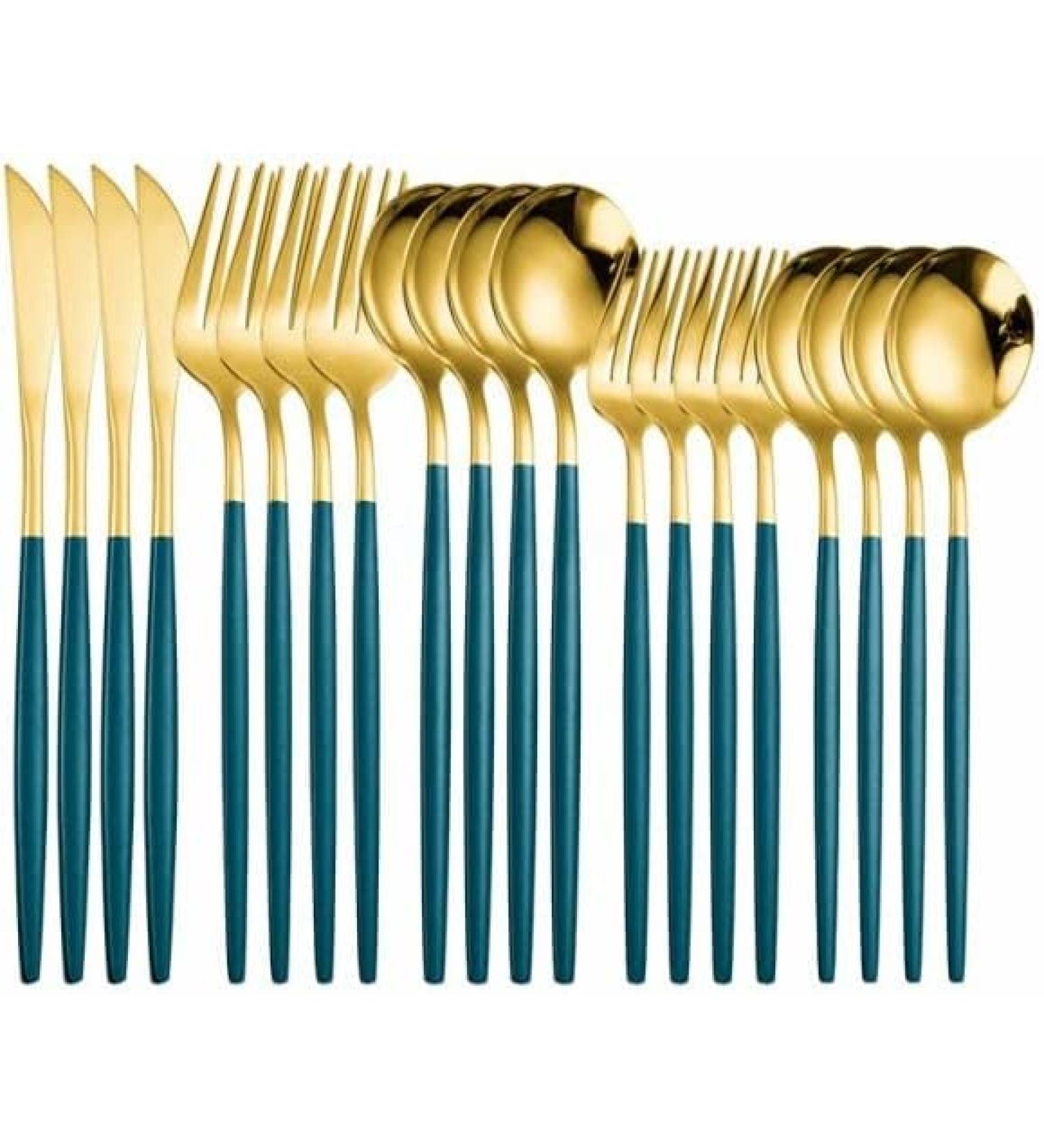 Silverware Set Black Gold Cutlery Set Stainless Steel Dinnerware Set Spoon Knife Cutlery Tableware Kitchen Dinnerware 20Pcs/lot Eco-Friendly (Color : Mgreen Gold 20pcs) - Buy Online on GoSupps.com