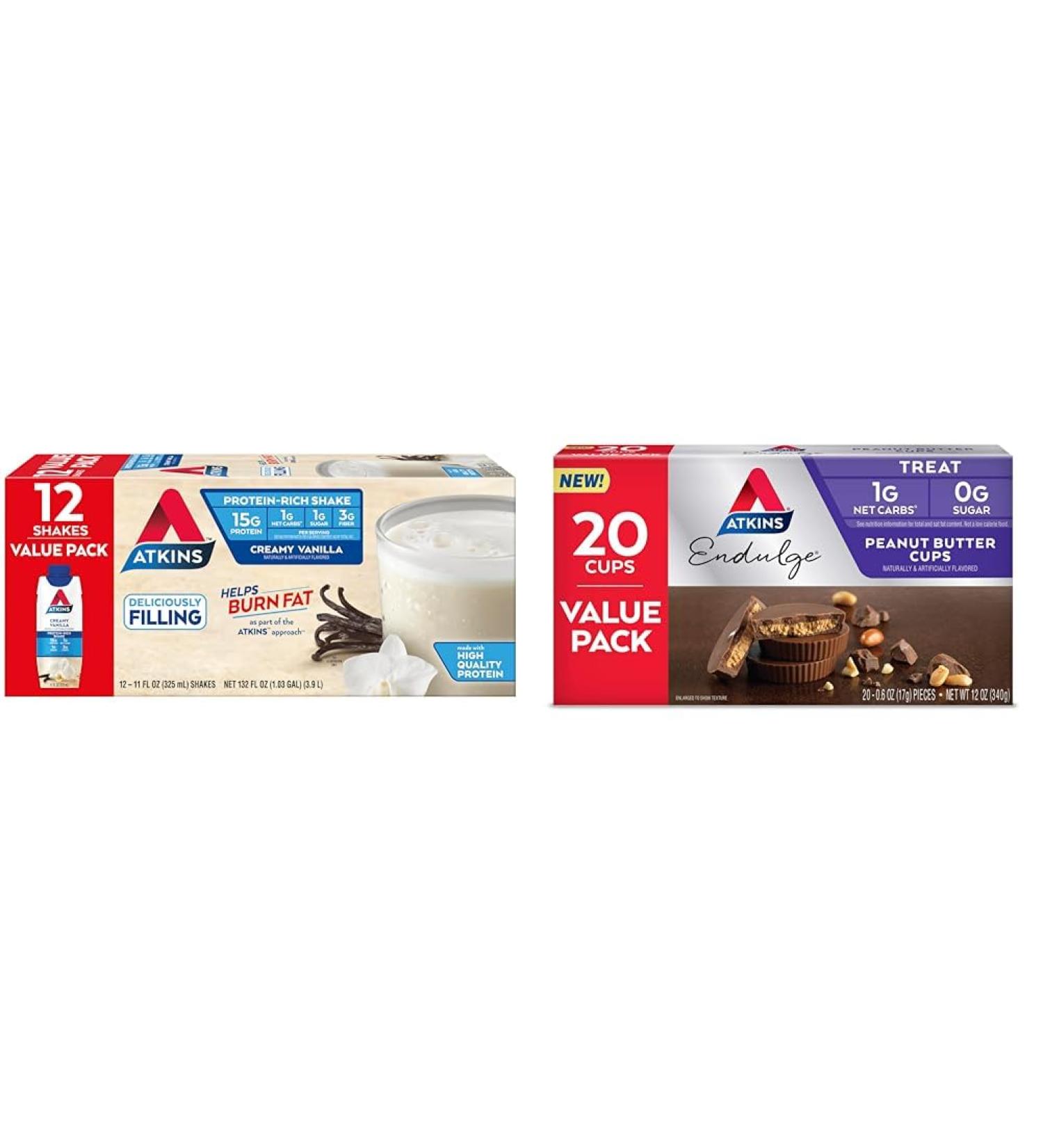 Atkins Creamy Vanilla Protein Shake 15g Protein Low Glycemic 2g Net Carb 1g Sugar Keto Friendly 12 Count & Endulge Peanut Butter Cups Dessert Favorite Low Carb 0g Sugar 20 Count - Buy Online on GoSupps.com
