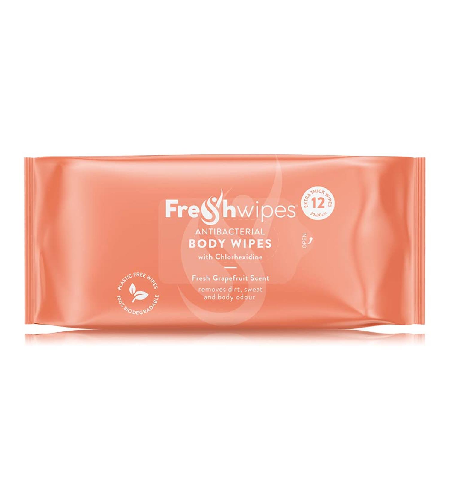 Fresh Body Wipes 12 Pack Grapefruit Scent | Chlorhexidine No Rinse Wipes for Adults | Ideal for Festivals, Camping, Elderly, Gym, Post Surgery | Grapefruit Scented Body Wipes, 12 Count - Buy Online on GoSupps.com