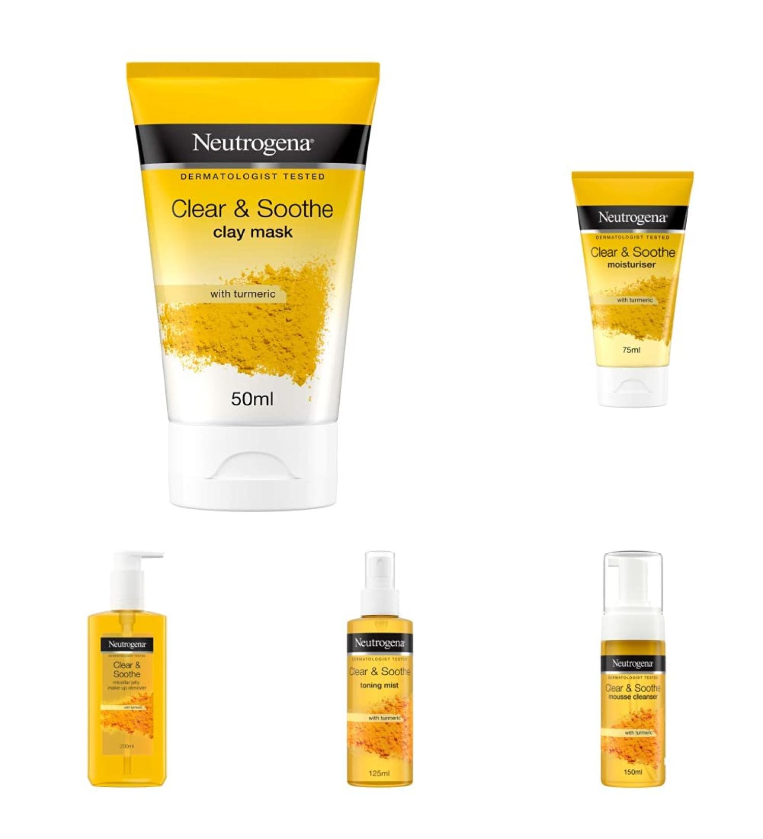 Neutrogena Clear & Soothe 5-Step Skincare Bundle Set | With Tumeric | For Spot-Prone Skin | Make-Up Remover Mask Cleanser Moisturiser Mist 5 Piece set 5-Step Regime Bundle - Buy Online on GoSupps.com