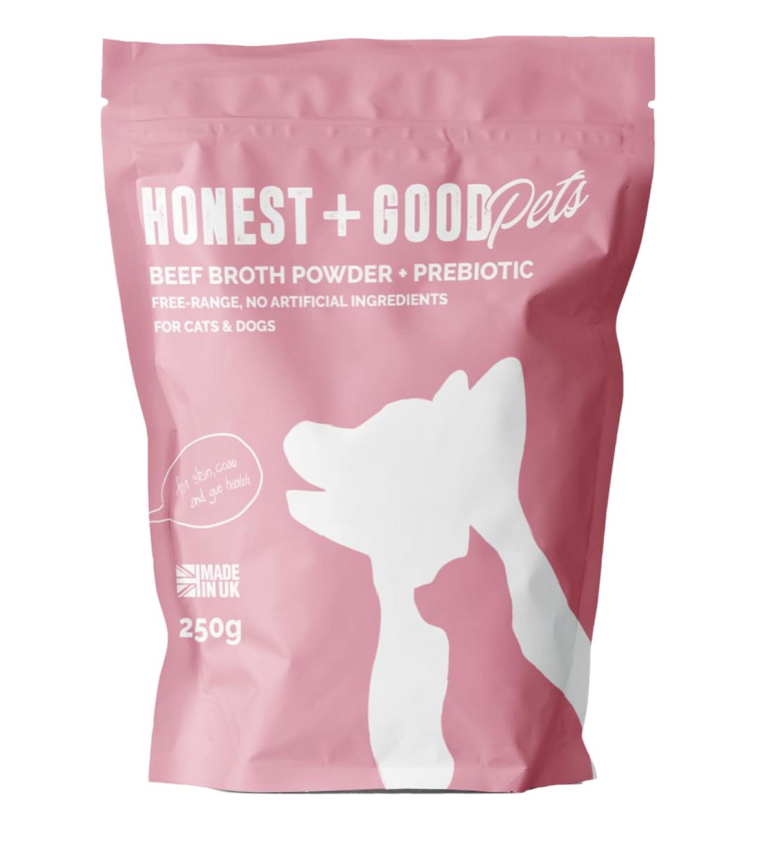 Honest + Good Pets UK's Beef Bone Broth + Pre-biotic | Coat & Digestion Gut Health | Dog & Cat Bone Broth | High in Type I & III Collagen & Fibre | 50 Servings 250g - Buy Online on GoSupps.com