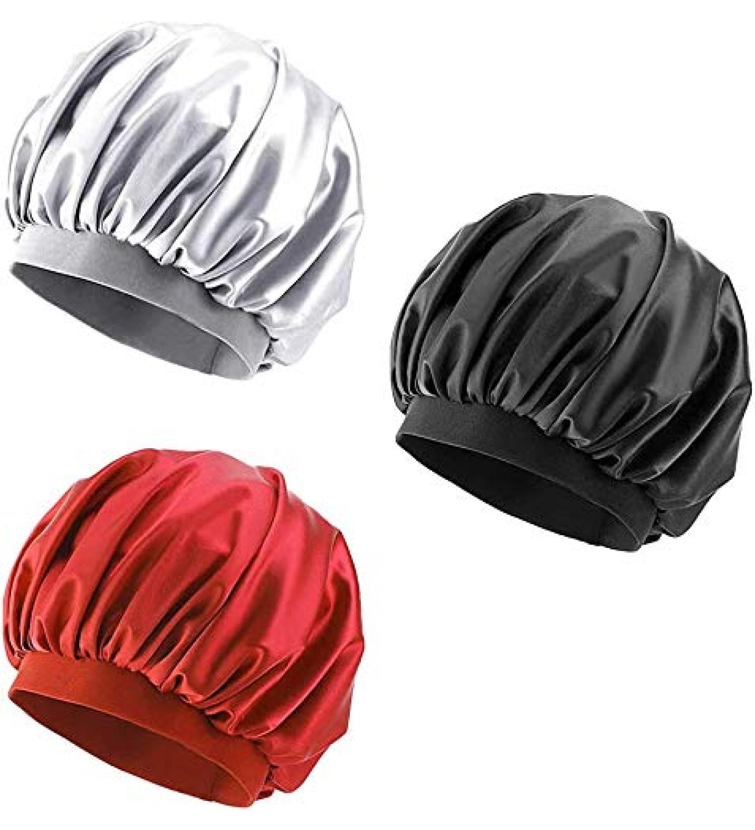 Satin Sleep Cap Set for Women - Elastic Wide Band Bonnet for Good Night Sleep (3 Pieces, Silver, Black, Wine Red) - Buy Online on GoSupps.com