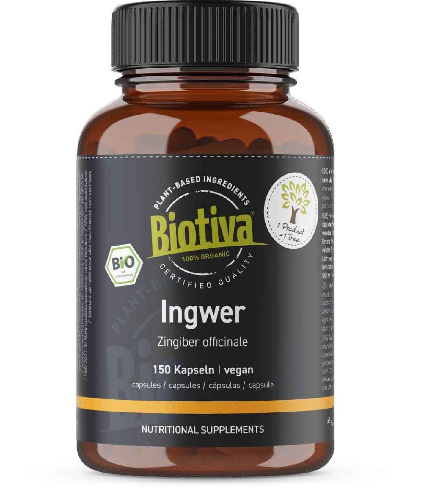 Buy Biotiva Ginger Organic Capsules - 150 Vegan 400mg Pills - Pure Zingiber Officinale No Additives Made in Germany - Buy Online on GoSupps.com