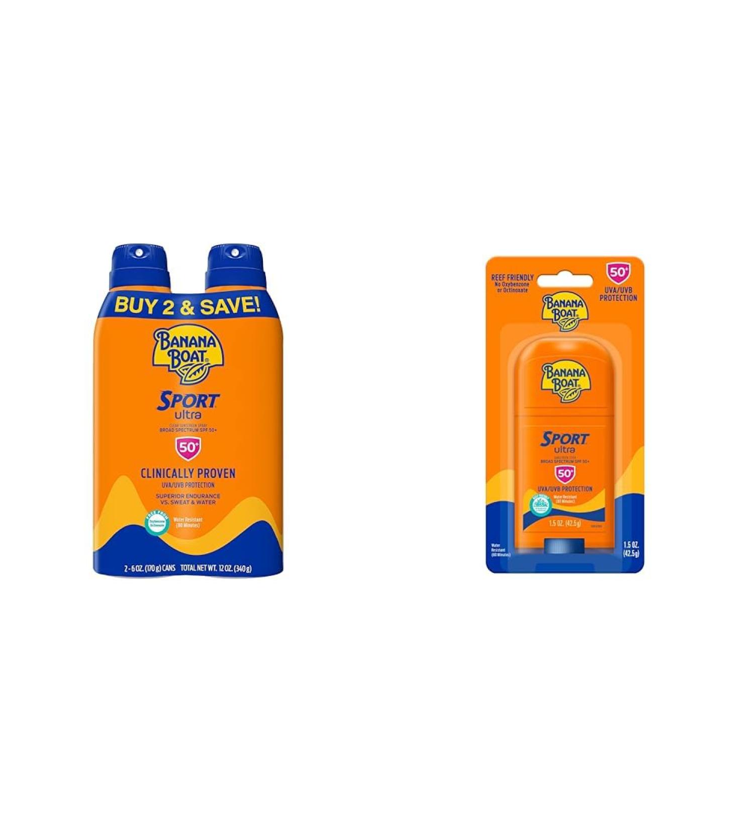 Banana Boat Sport Ultra SPF 50 Sunscreen Spray Twin Pack and Sport Ultra Reef Friendly SPF 50 Sunscreen Stick | Banana Boat Sunscreen