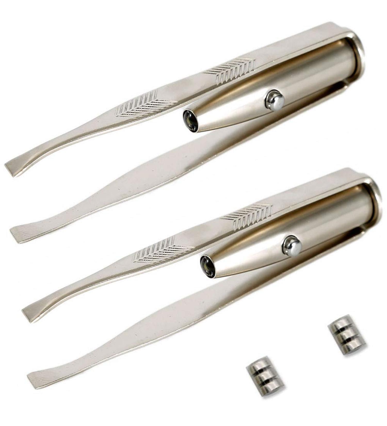 Goeielewe 2Pcs LED Lighted Tweezers - Stainless Steel Slant Tip for Precise Eyebrow and Eyelash Hair Removal - Professional Makeup Tool - Buy Online on GoSupps.com