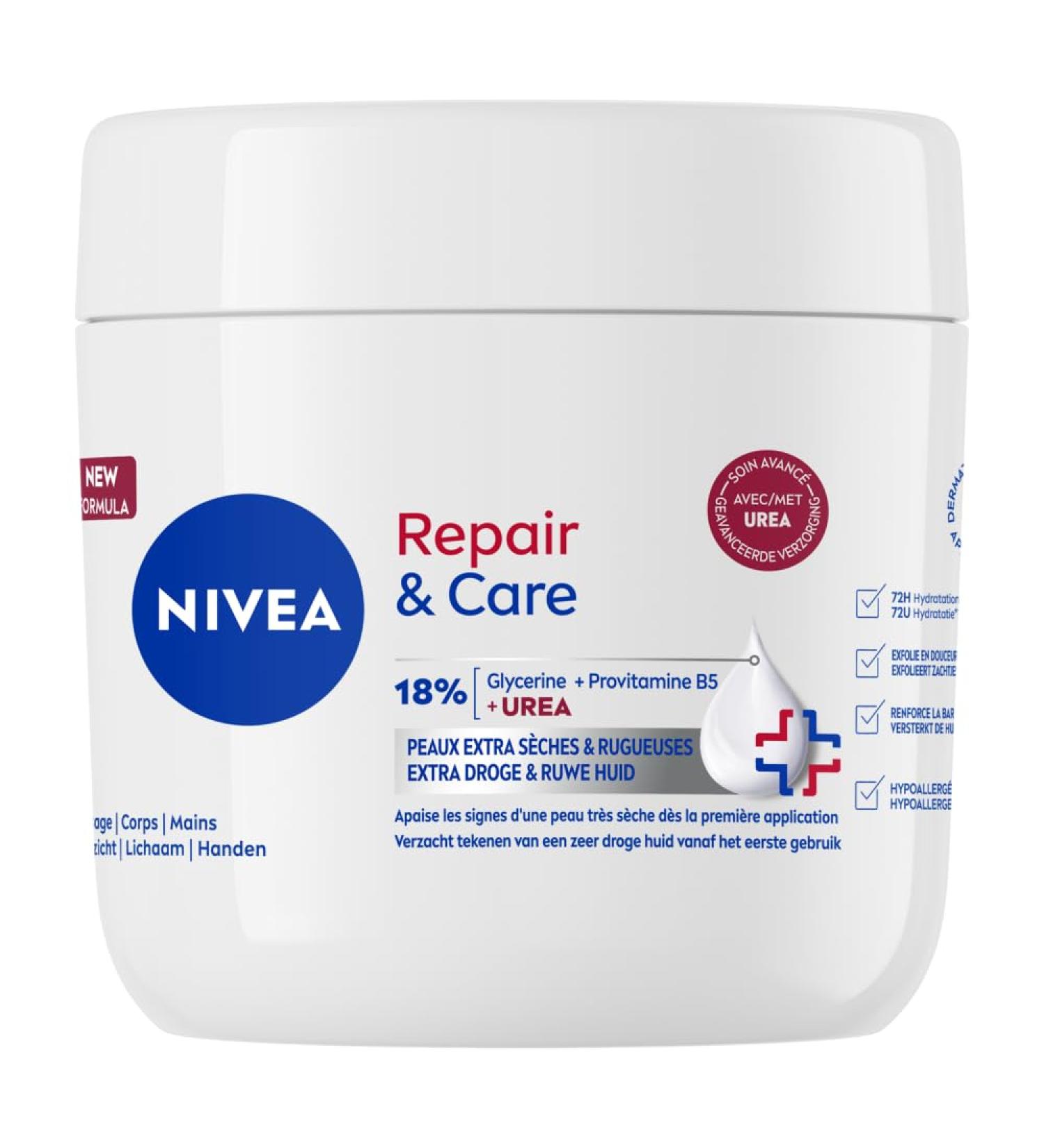NIVEA Repair & Care - Cr me Corps Visage & Mains - Hydratation 72H - Exfolie En Douceur - Prot ge La Barri re Cutan e - Glyc rine Provitamine B5 & Ur e - Peaux Extra-S ches & Rugueuses - 400 ml 400 ml (Lot de 1) - Buy Online on GoSupps.com