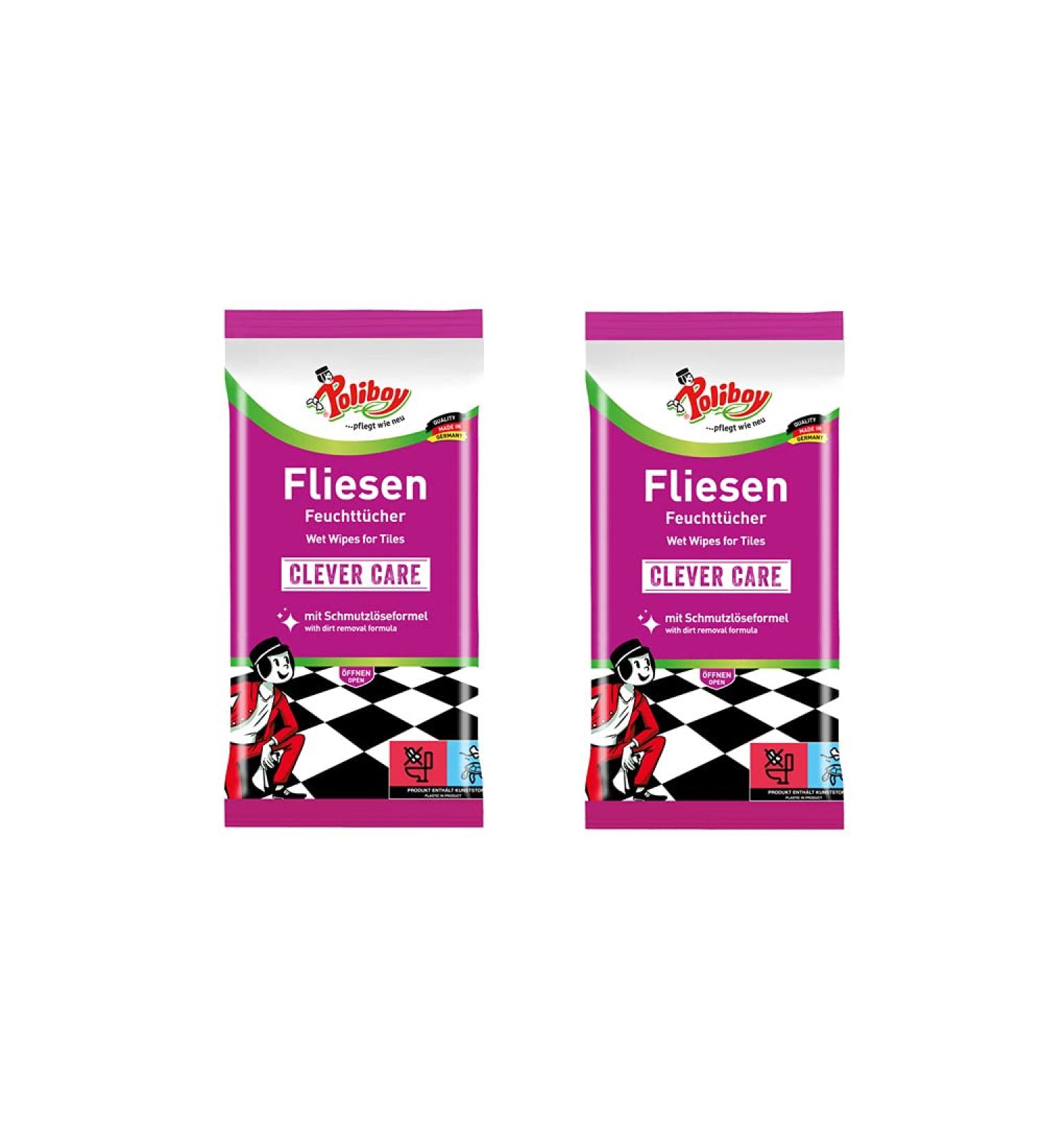 Poliboy - Tile wet wipes - Ideal for intensive cleaning for tiles and stone floors - 2x15 towels - Made in Germany Tiles 15 pieces (2 pack)
