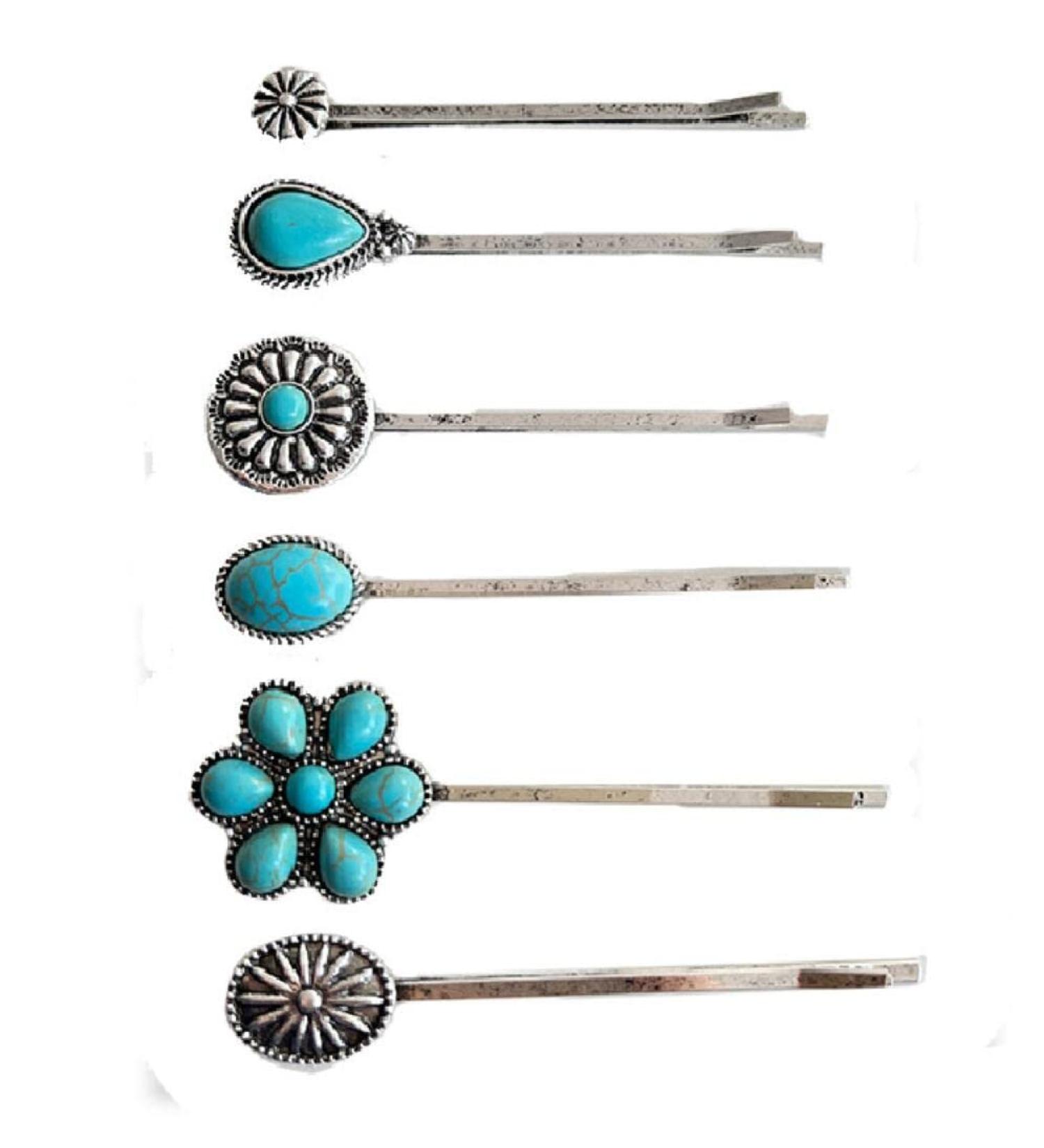 6PCS Turquoise Retro Decorative Bobby Pins for Women - Vintage Hair Clips and Styling Tools - Buy Online on GoSupps.com