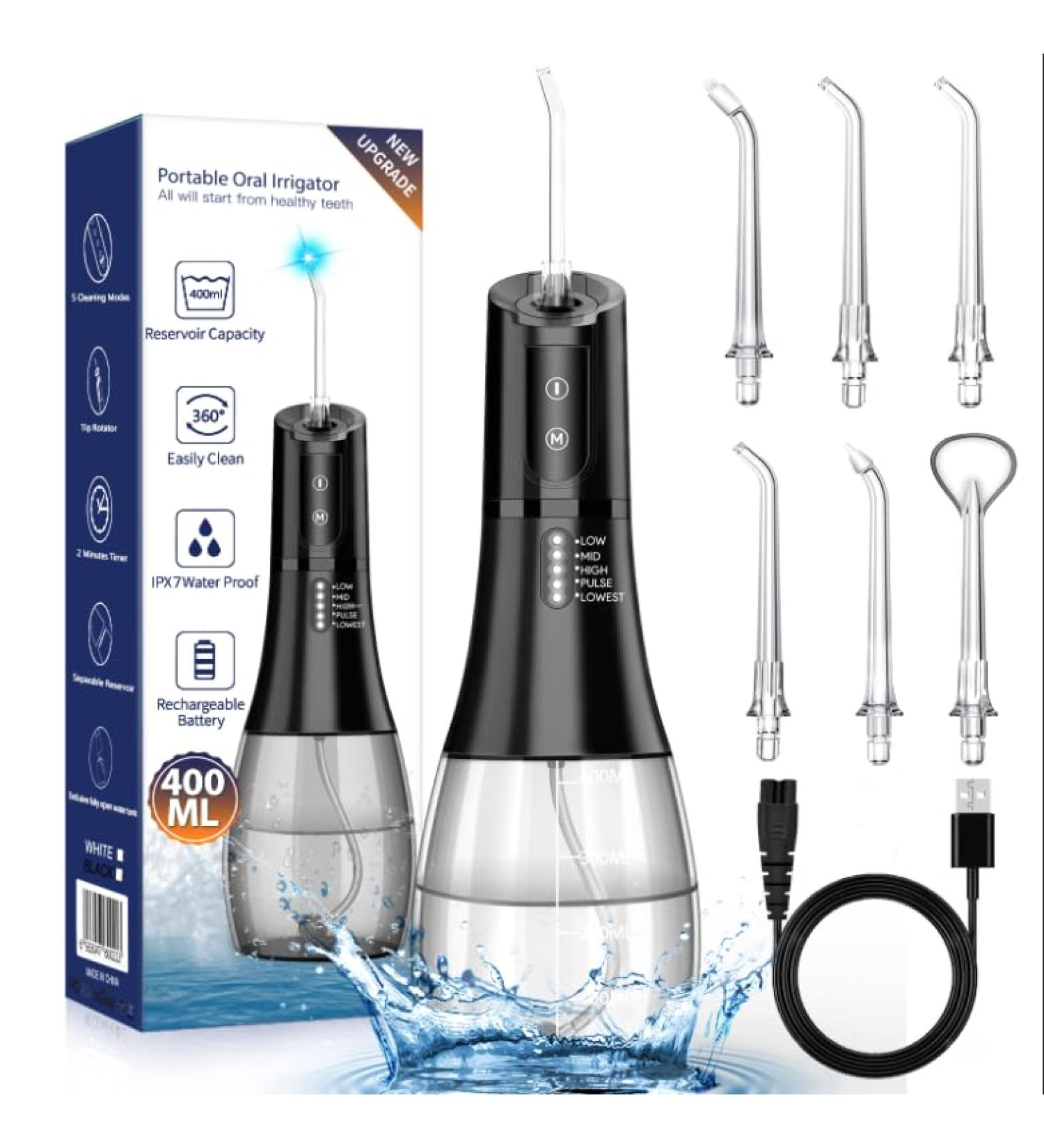 Cordless Water Flosser Oral Irrigator | 400ML Water Tank, 6 Jet Tips, 5 Modes | Teeth Braces Cleaner | Waterproof & Rechargeable - Buy Online on GoSupps.com