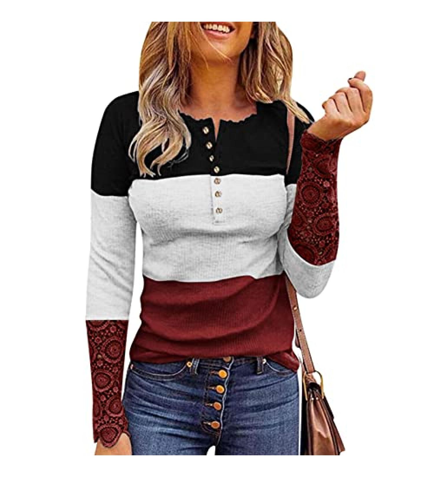 Women's Fitted Lace V Neck Long Sleeve Henley Shirt - Wine | Ribbed Knit Tunic Top - XX-Large - Buy Online on GoSupps.com