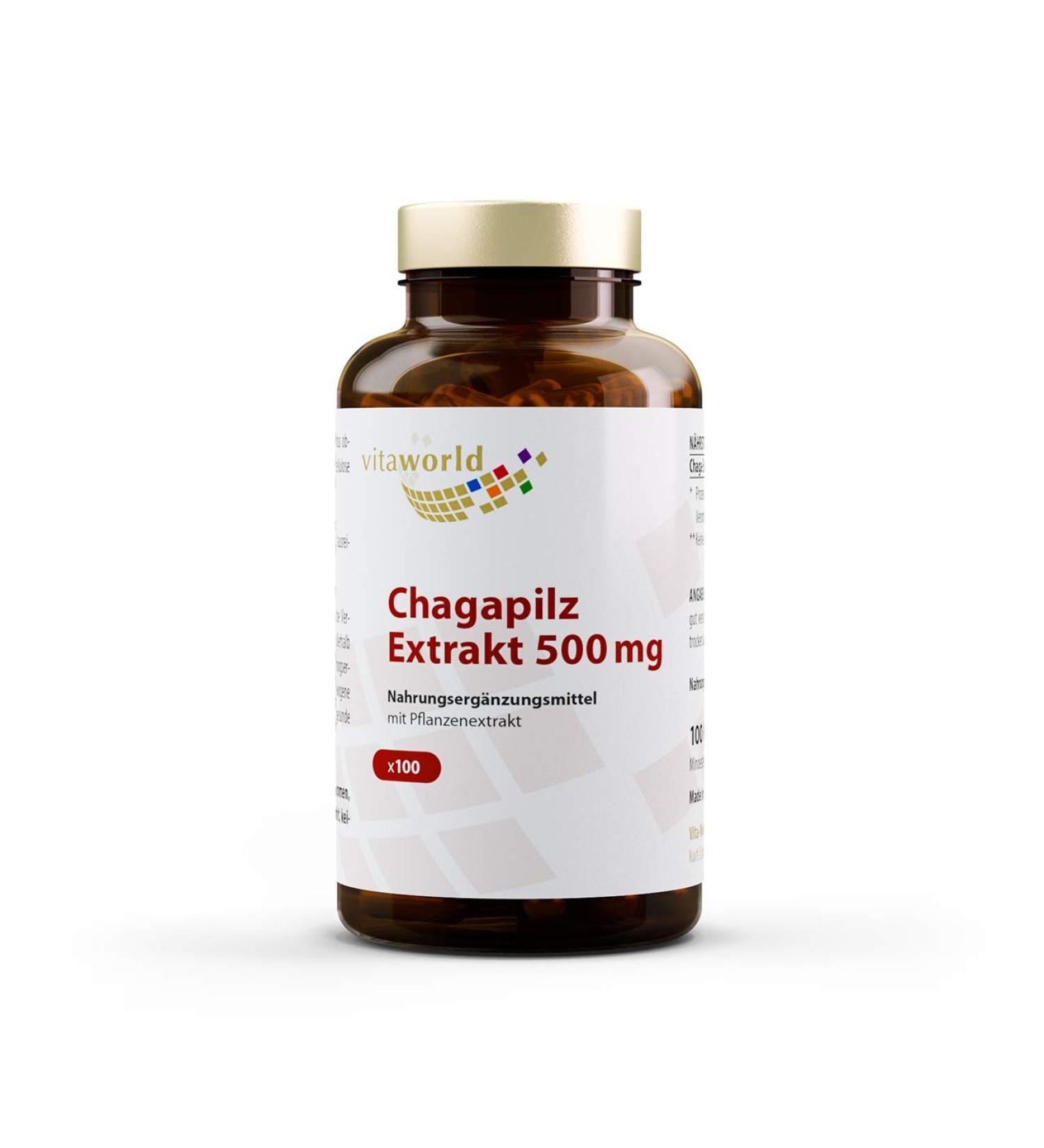 Vita World Pack of 3 Chaga Mushroom Extract 500mg 3 x 100 Vegetarian Capsules Made in Germany