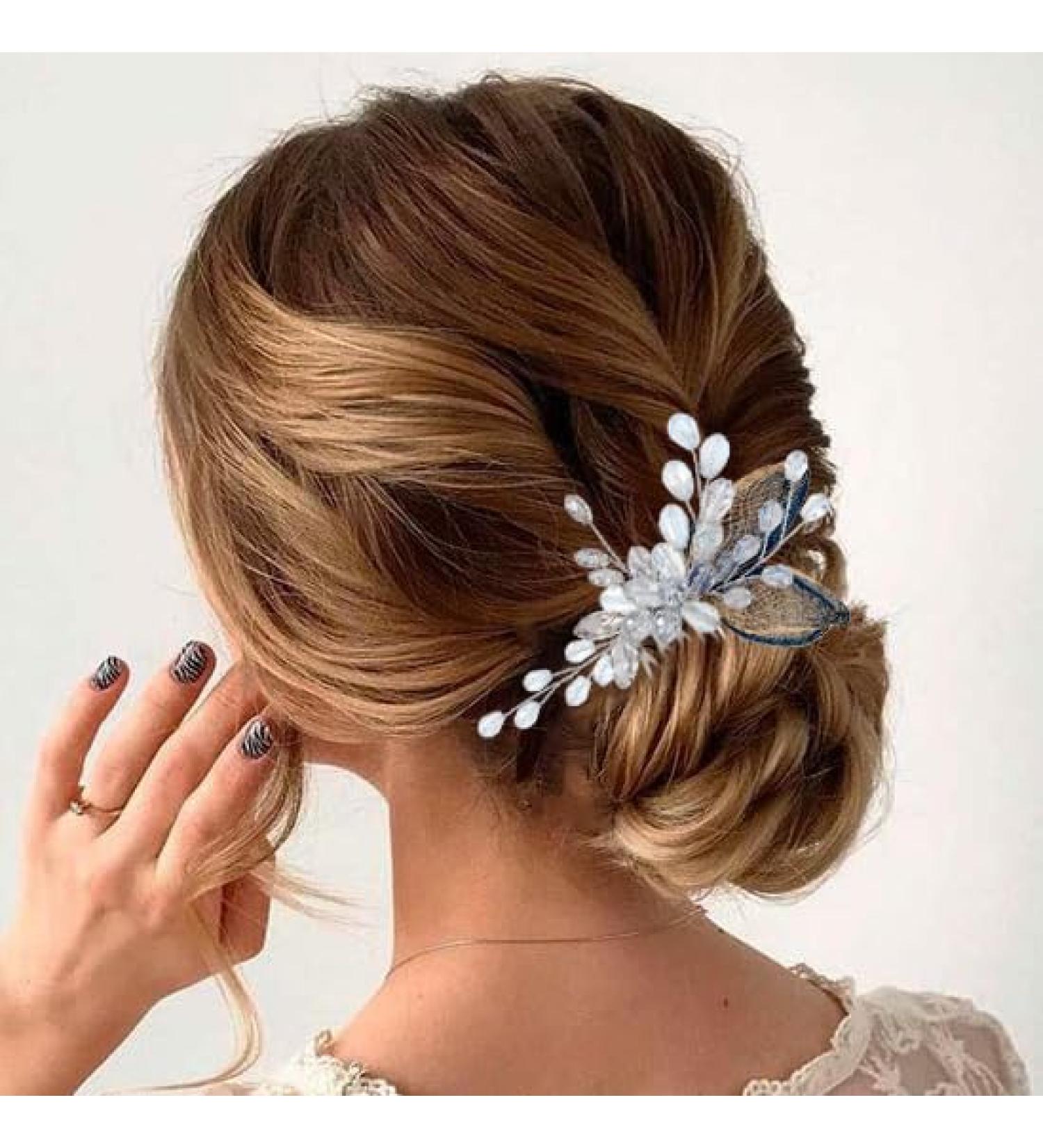 Vakkery Crystal Bride Wedding Hair Comb Silver Beads Hair Pieces Leaf Bridal Hair Accessories for Women and Girls - Buy Online on GoSupps.com