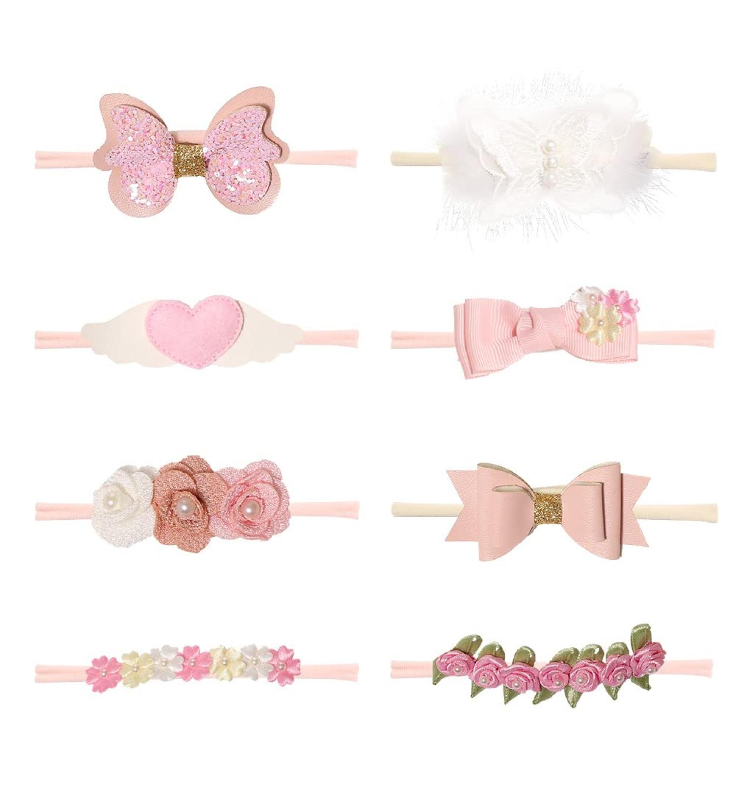 8 Pcs Baby Girls Soft Nylon Bow Flower Headbands | Pink Hair Accessories for Newborns & Toddlers - Buy Online on GoSupps.com
