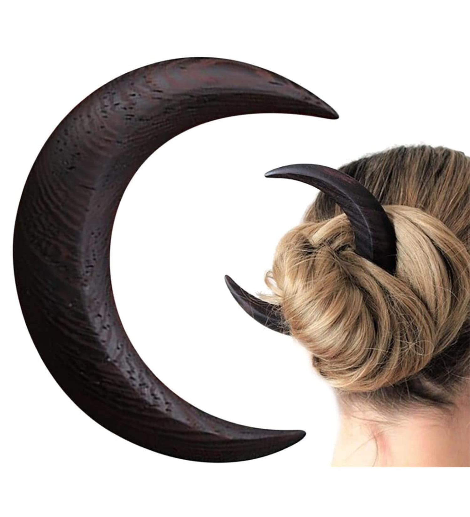 Hand Carved Crescent Moon Hair Fork Crescent Moon Hair Fork Moon Hair Stick Handmade Hair Pin Wooden Comb for Women's Thick Hair Styling Tool Accessories Black - S - Buy Online on GoSupps.com