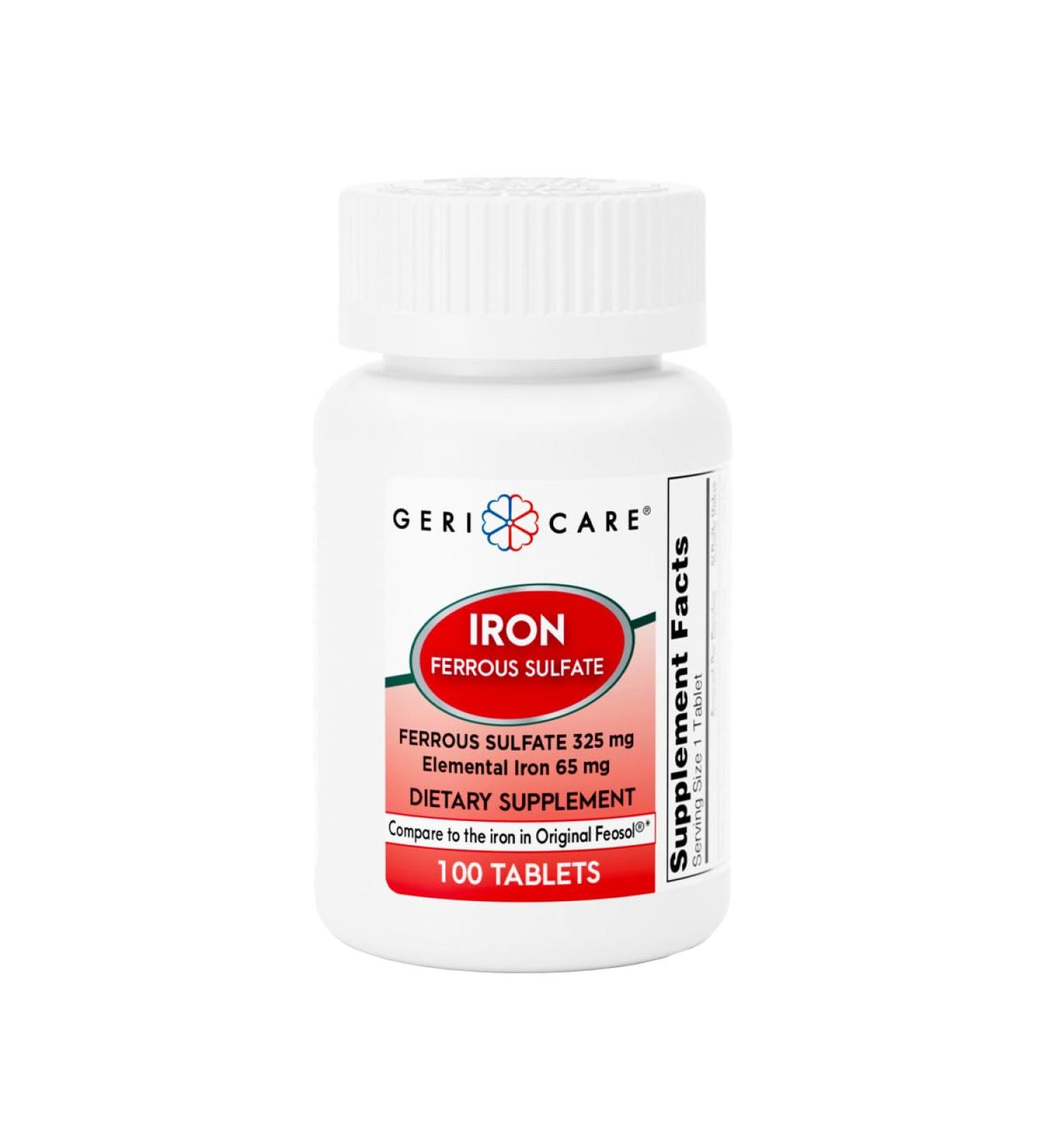 GeriCare Ferrous Sulfate Tablets 325mg, Elemental Iron 65 mg High Potency Iron Supplement | Dietary Supplement 100 Count. (Pack of 1) 100 Count (Pack of 1) - Buy Online on GoSupps.com