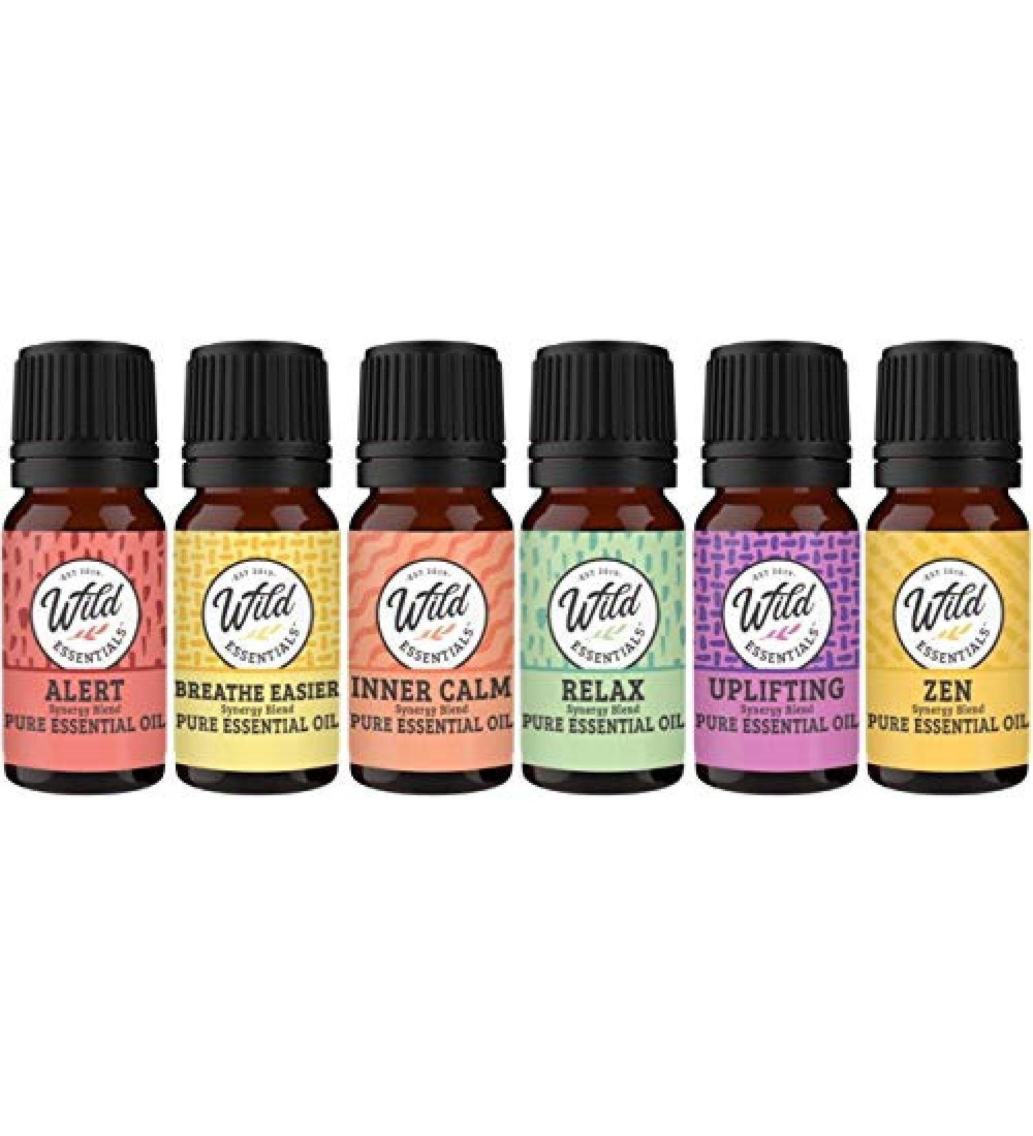 Wild Essentials 6 Pack Aromatherapy Essential Oil Gift Set - 100% Pure 10ml Blends: Breathe Easy Alert Inner Calm Relax Uplifting Zen - Made in USA - Perfect for International Shipping - Buy Online on GoSupps.com